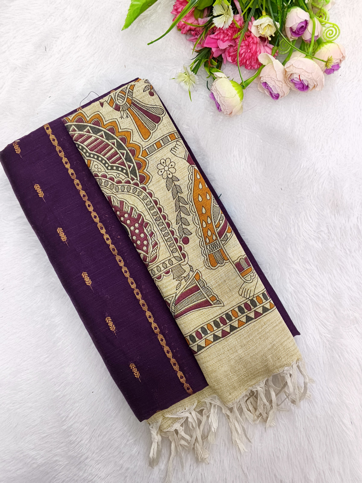 wine raw silk top with madhubani duppata 3 piece set