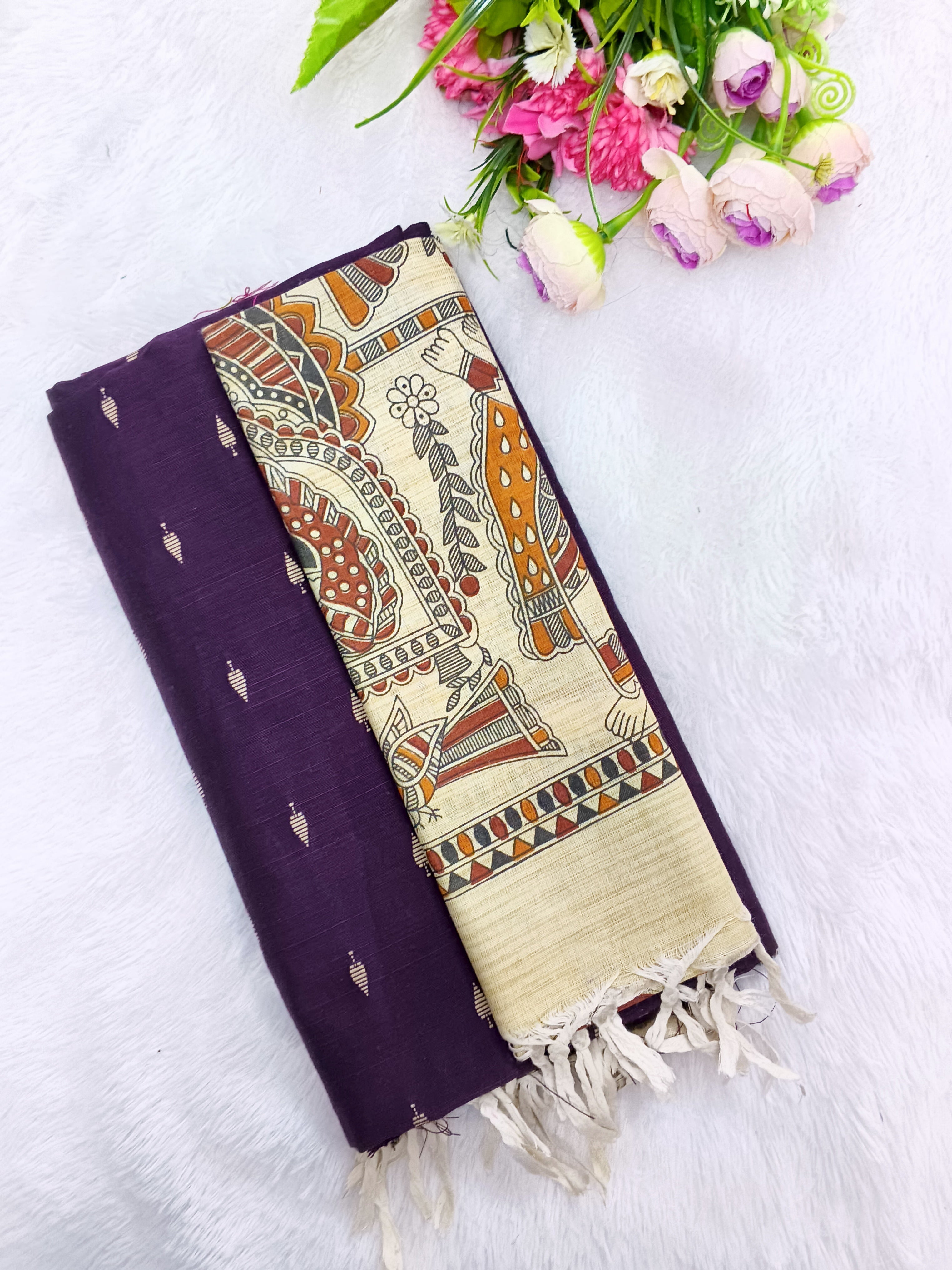 dark purple raw silk top with madhubani duppata 3 piece set