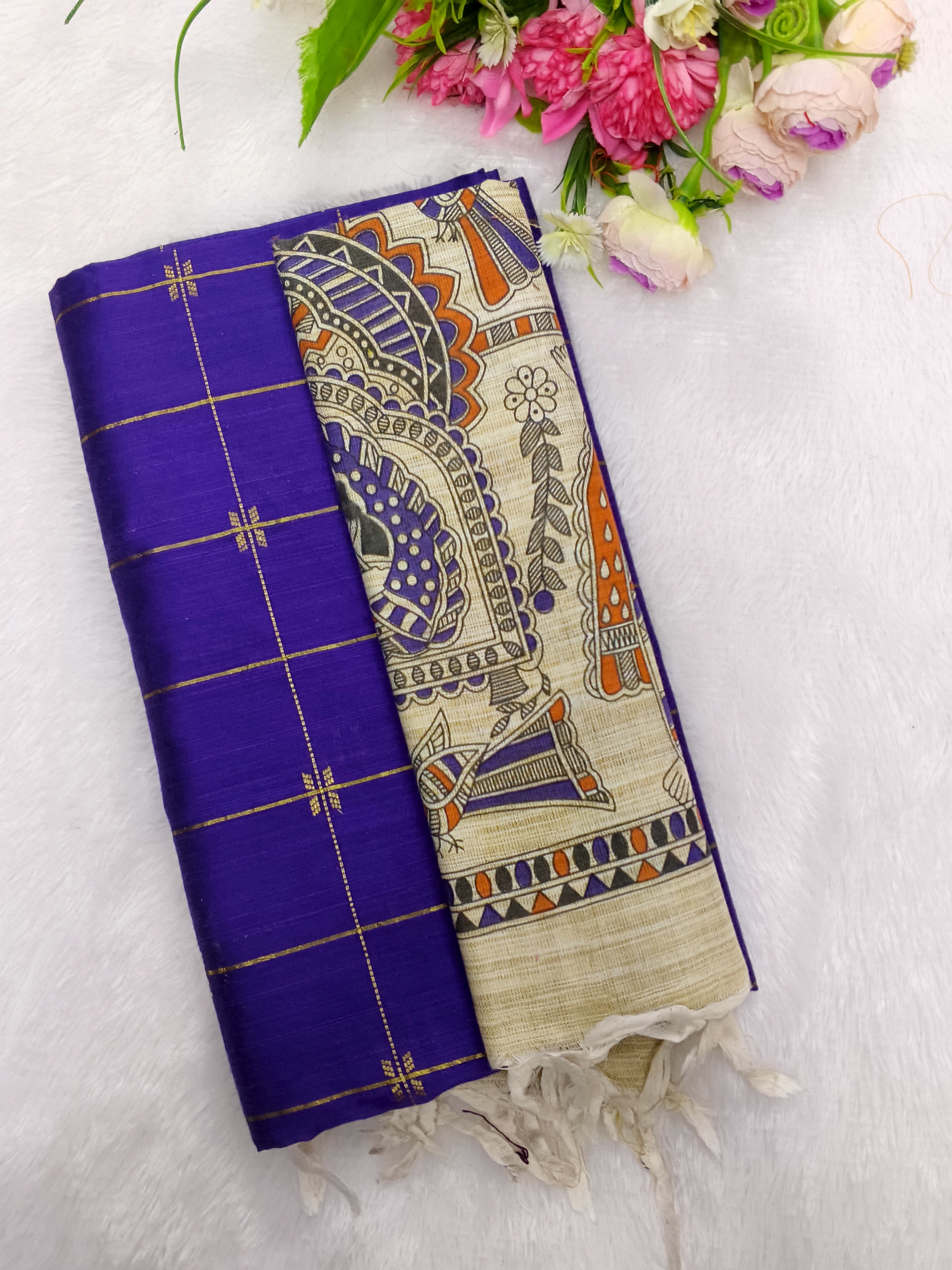 violet raw silk top with madhubani duppata 3 piece set