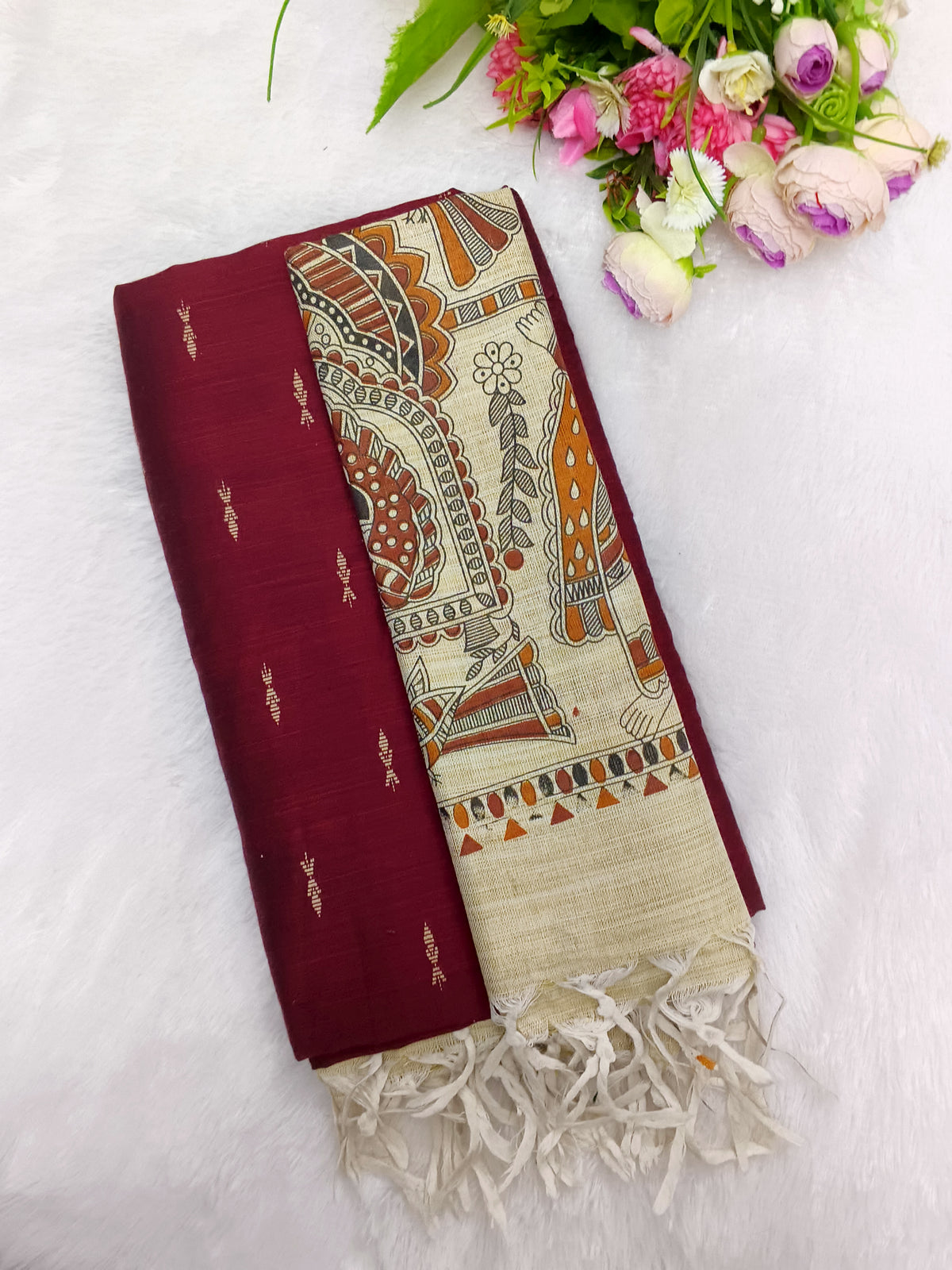 marrron raw silk top with madhubani duppata 3 piece set