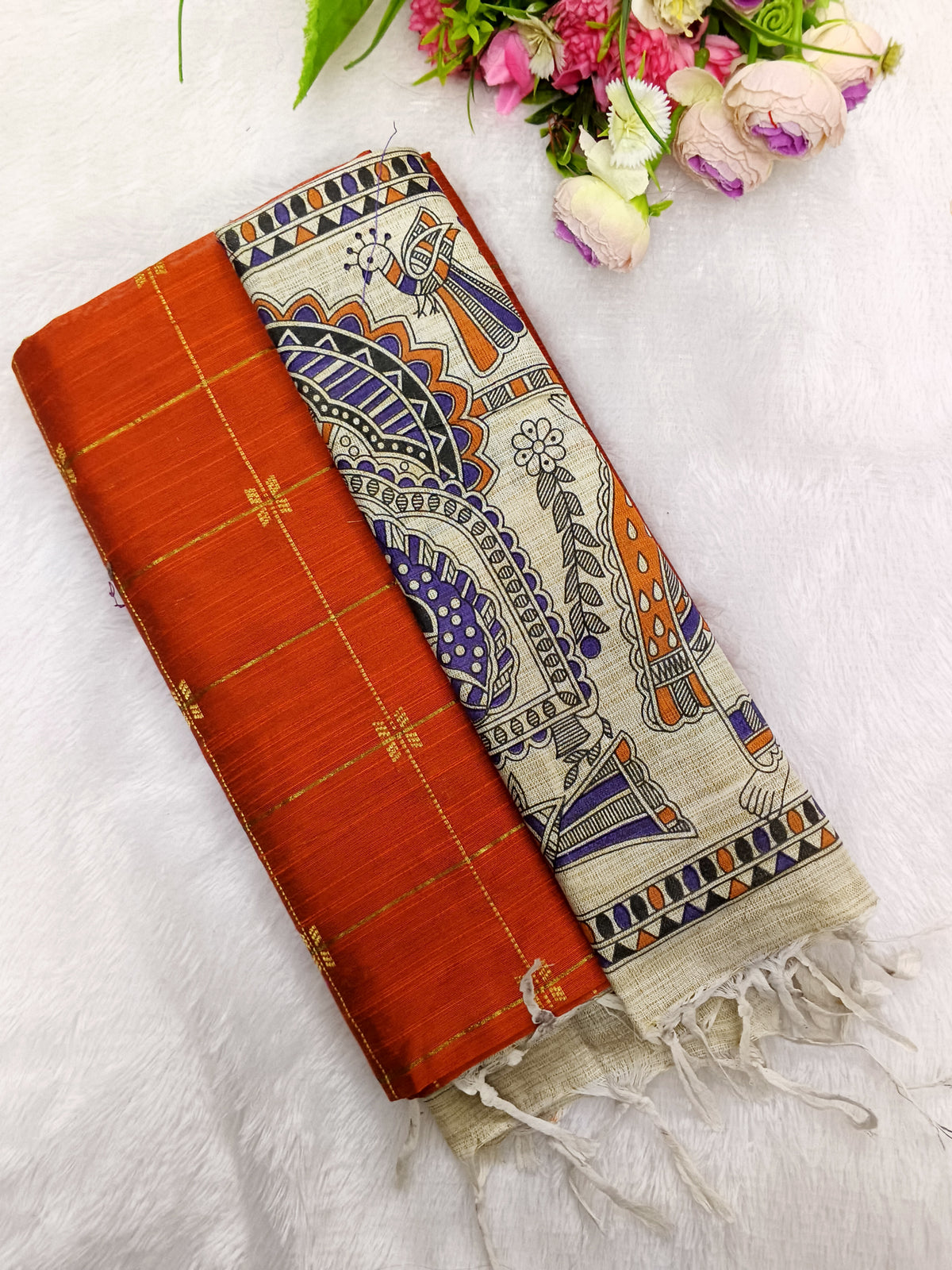 orange raw silk top with madhubani duppata 3 piece set