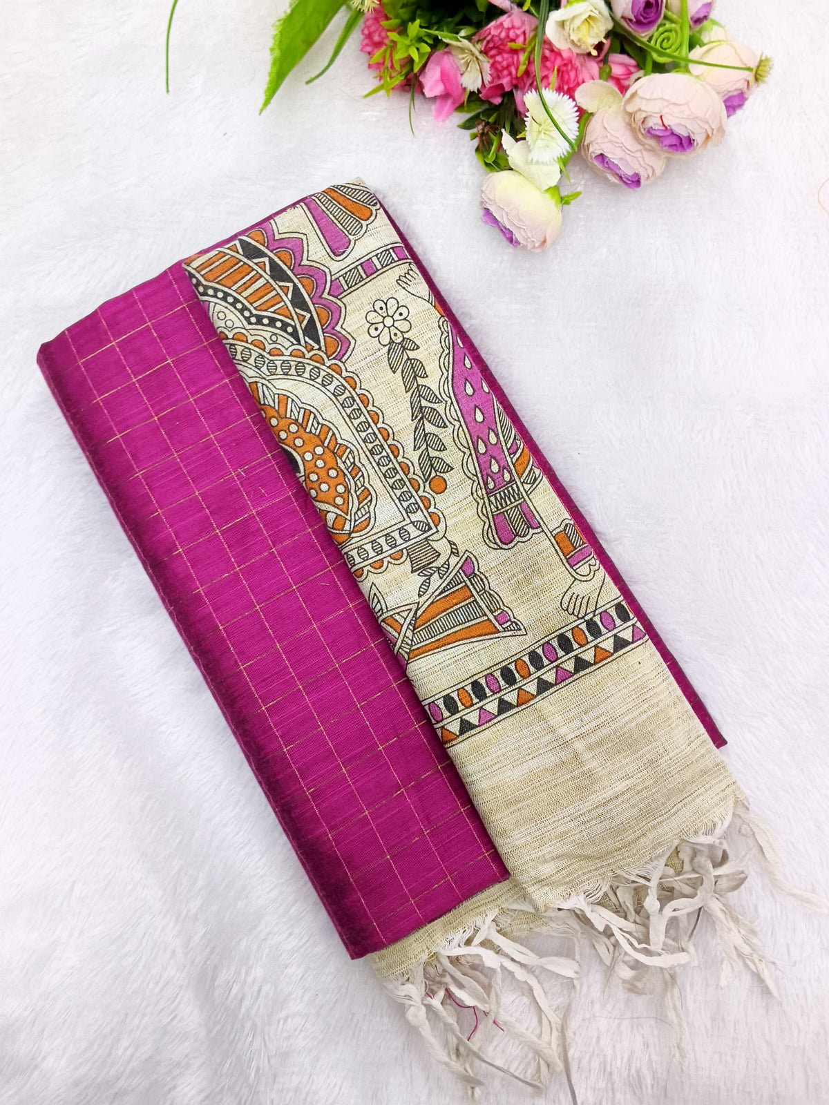 rani rose raw silk top with madhubani duppata 3 piece set