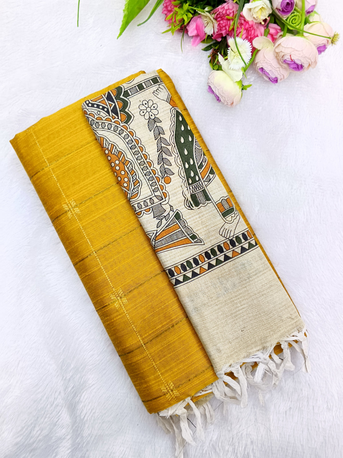 yellow raw silk top with madhubani duppata 3 piece set