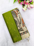 mehandi green raw silk top with madhubani duppata 3 piece set