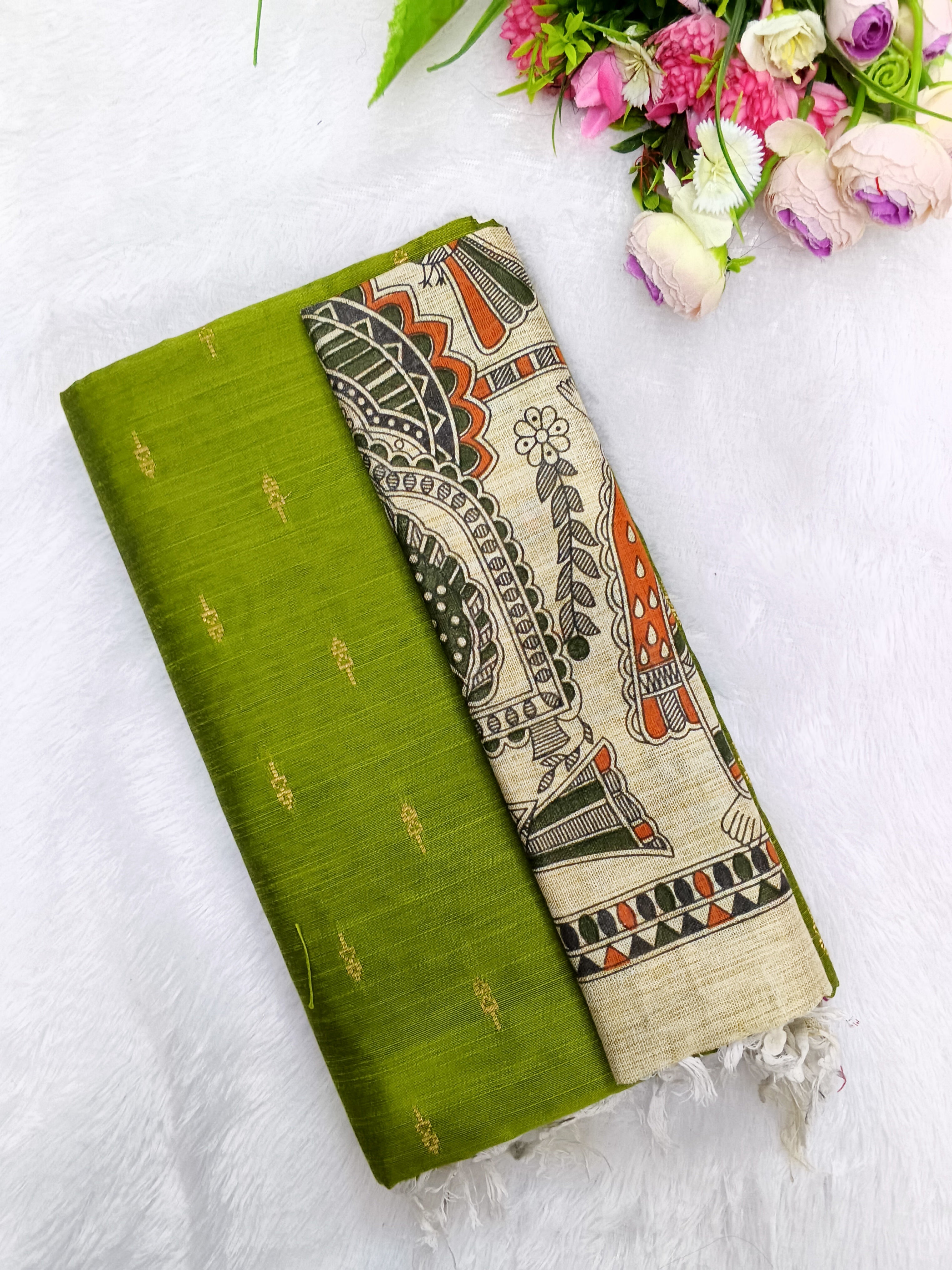 mehandi green raw silk top with madhubani duppata 3 piece set
