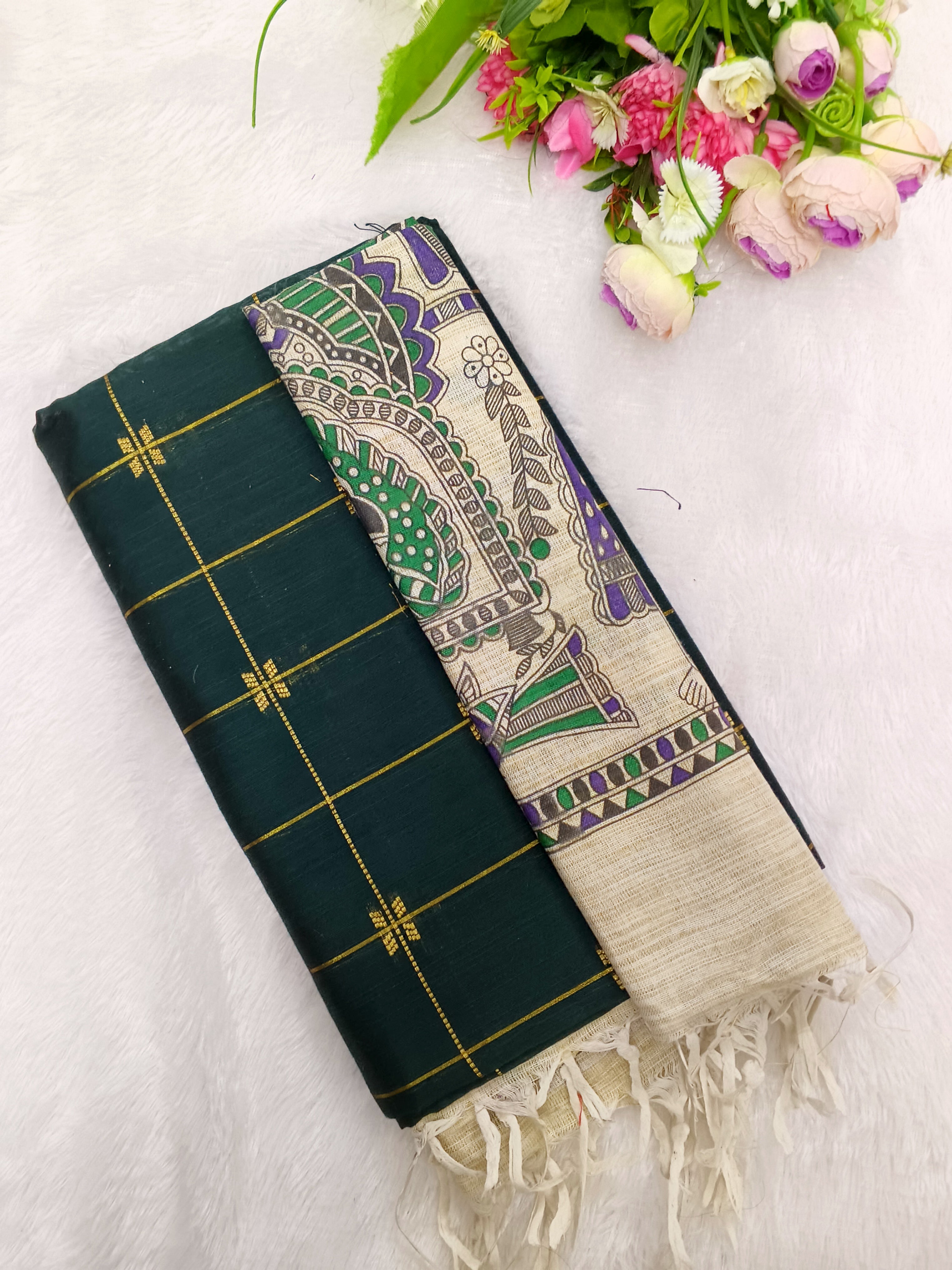 bottle green raw silk top with madhubani 3 piece set