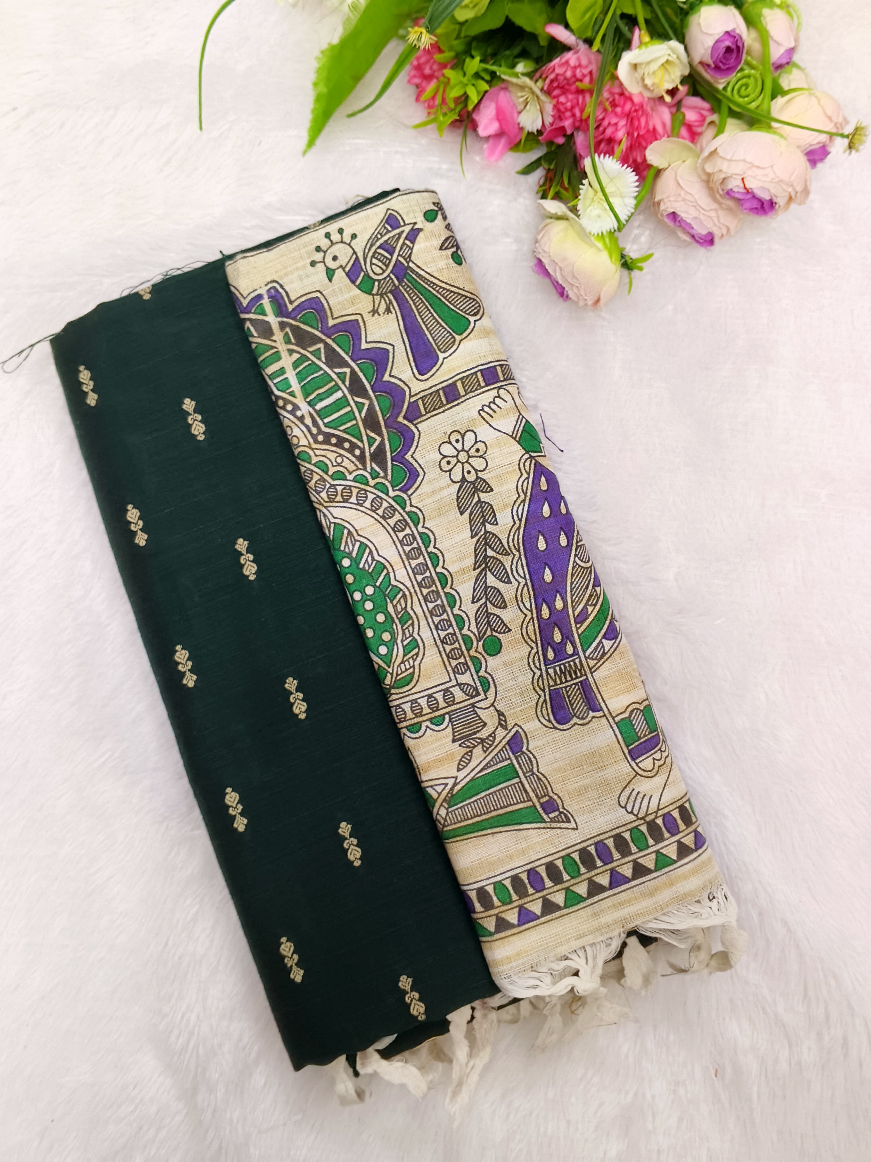 bottle green raw silk top madhubani 3piece set