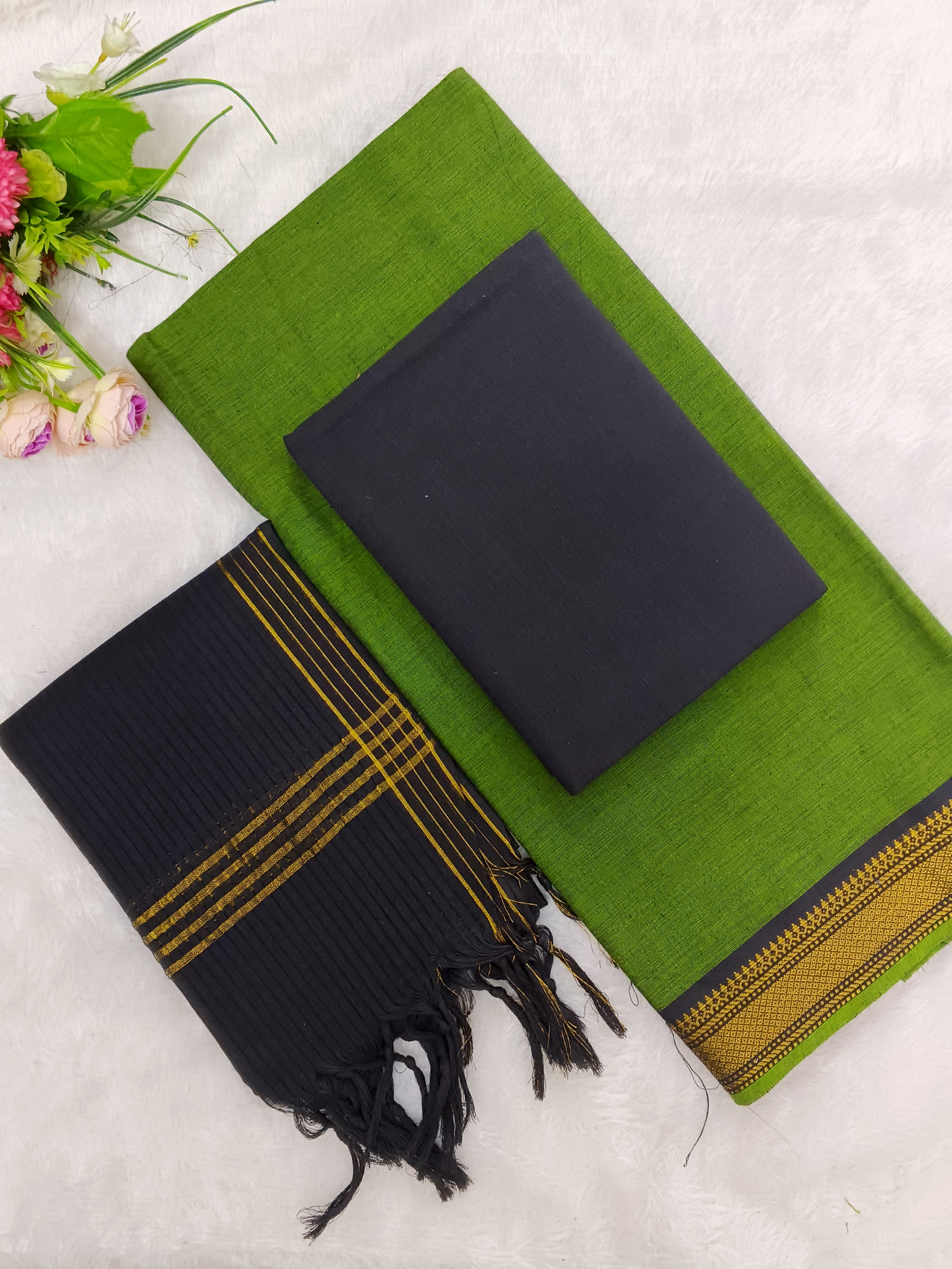 green with black mangalagiri cotton 3 piece set