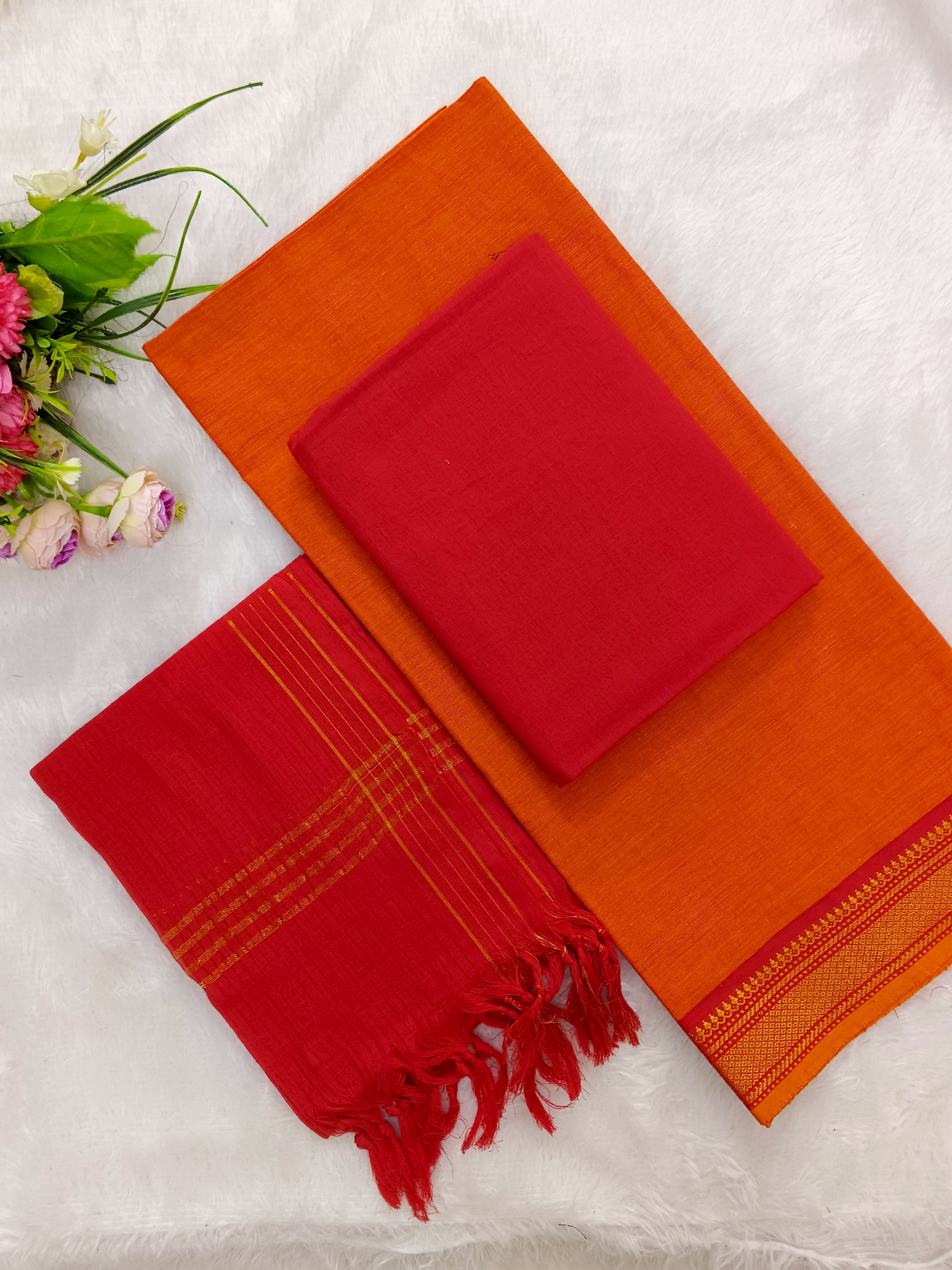 orange with marron mangalagiri cotton 3 piece set