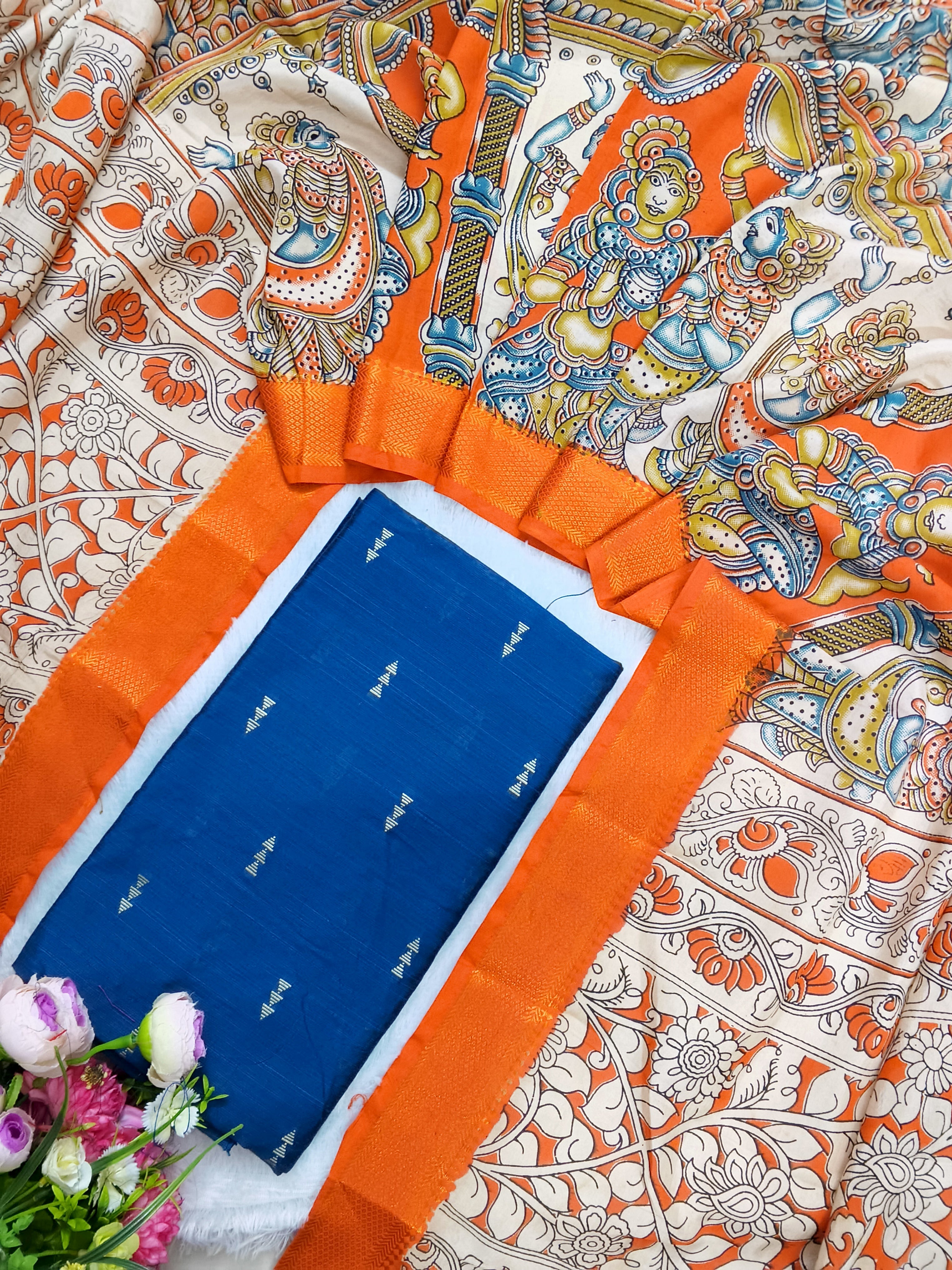 mayilblue raw silk top with chennuri silk nizam border duppata