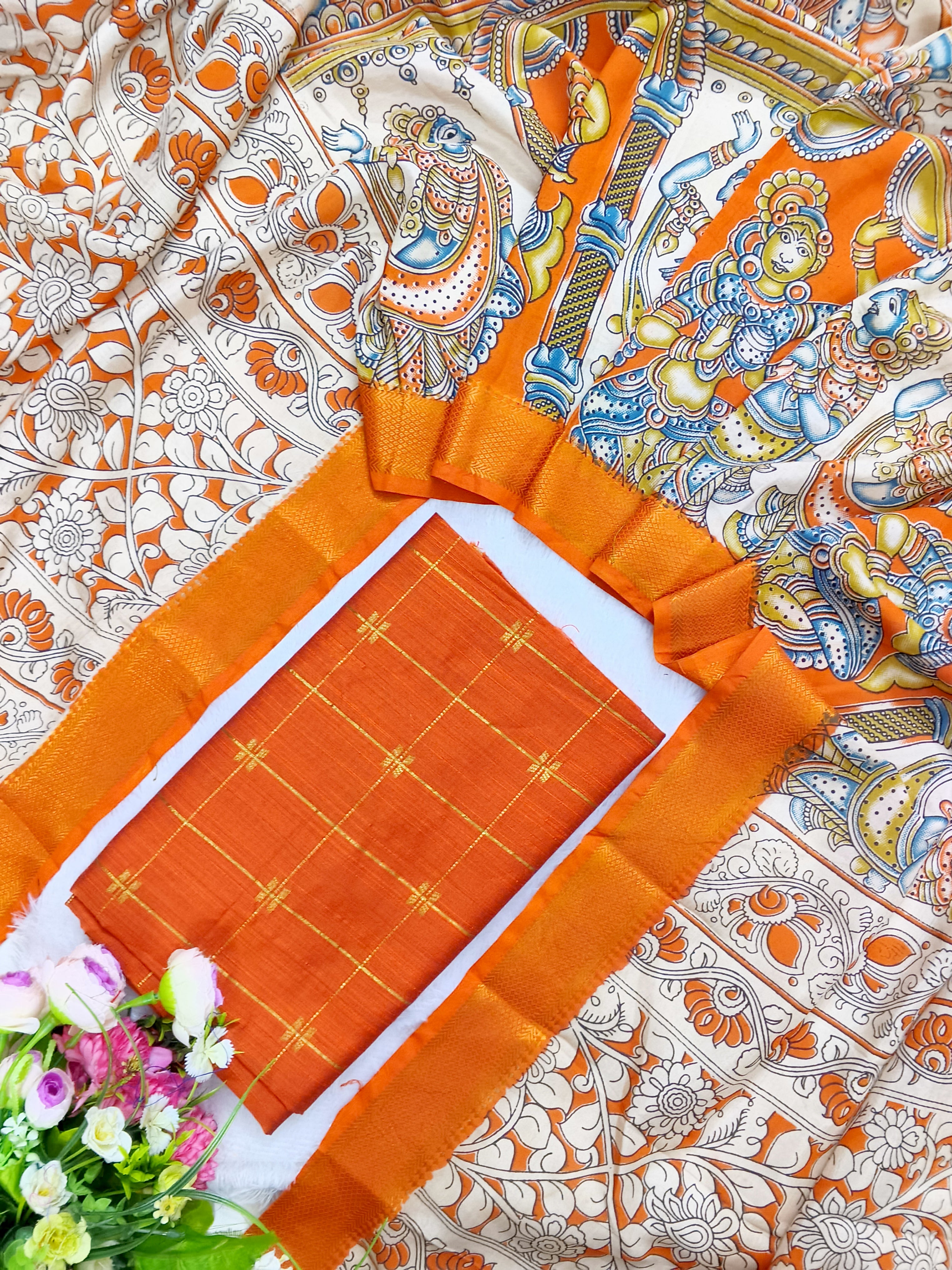 orange raw silk top with chennuri silk duppata