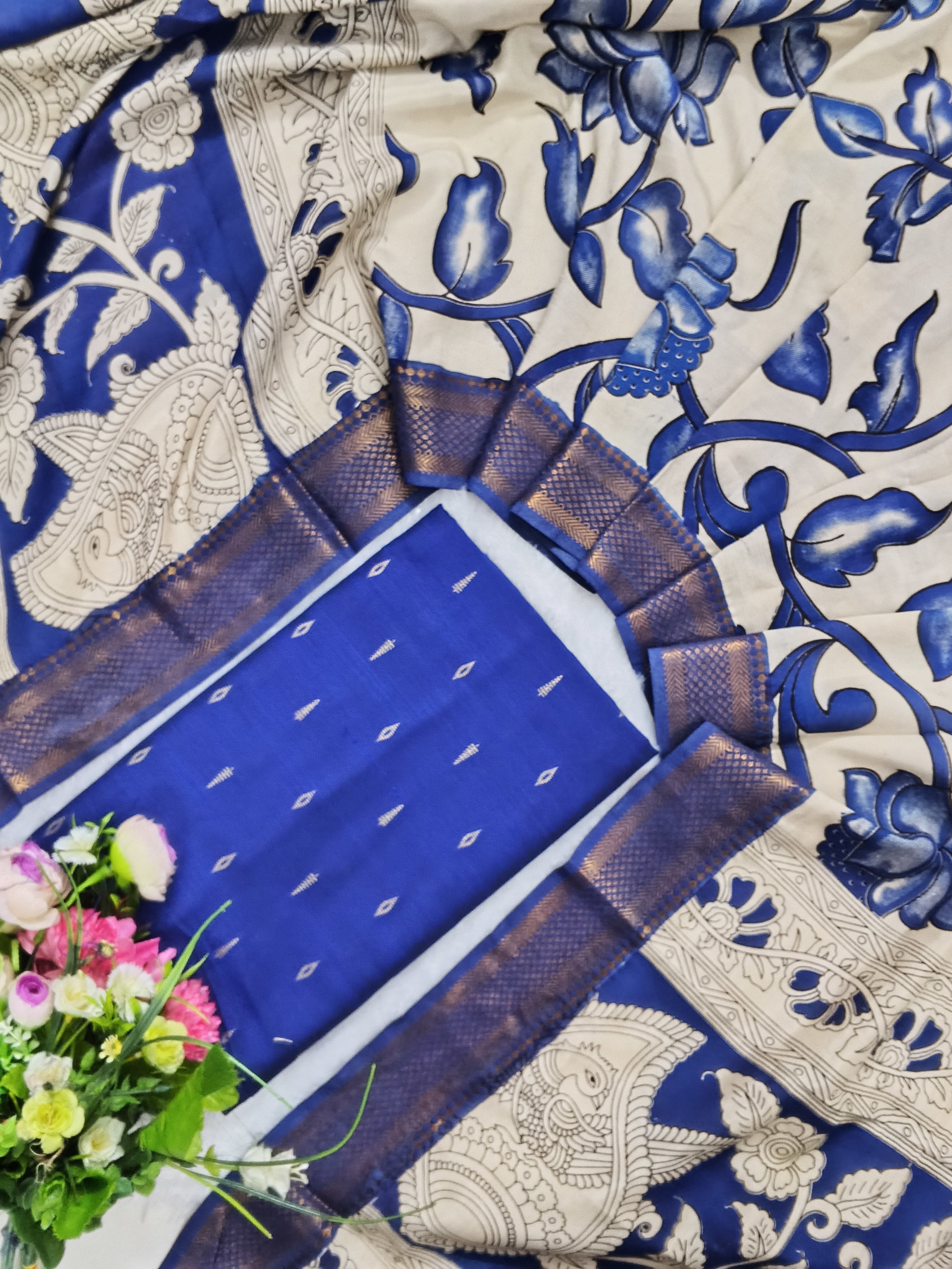 royal  blue raw silk top with chennuri silk duppata