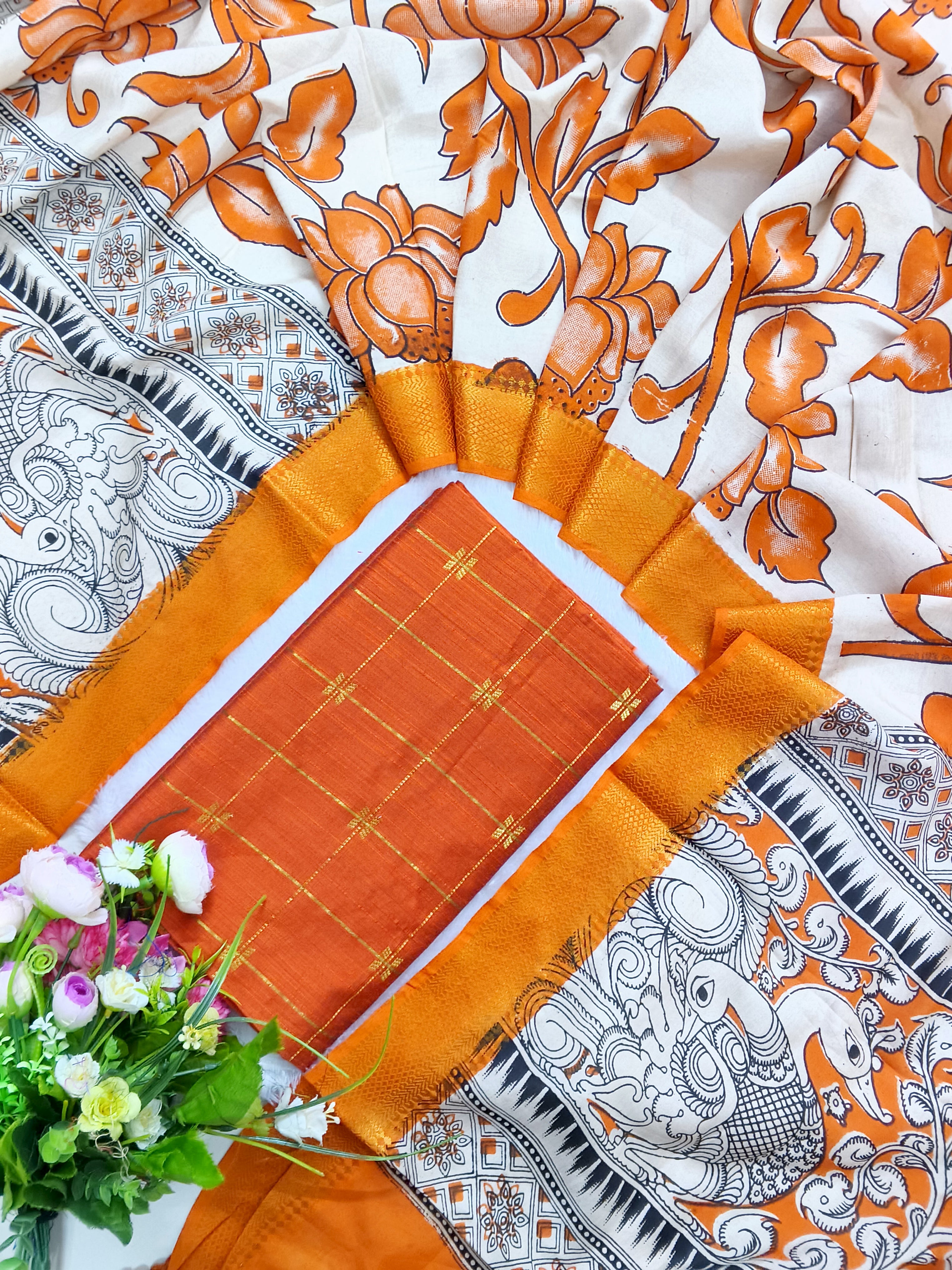 orange raw silk top with chennuri silk duppata 2 piece set