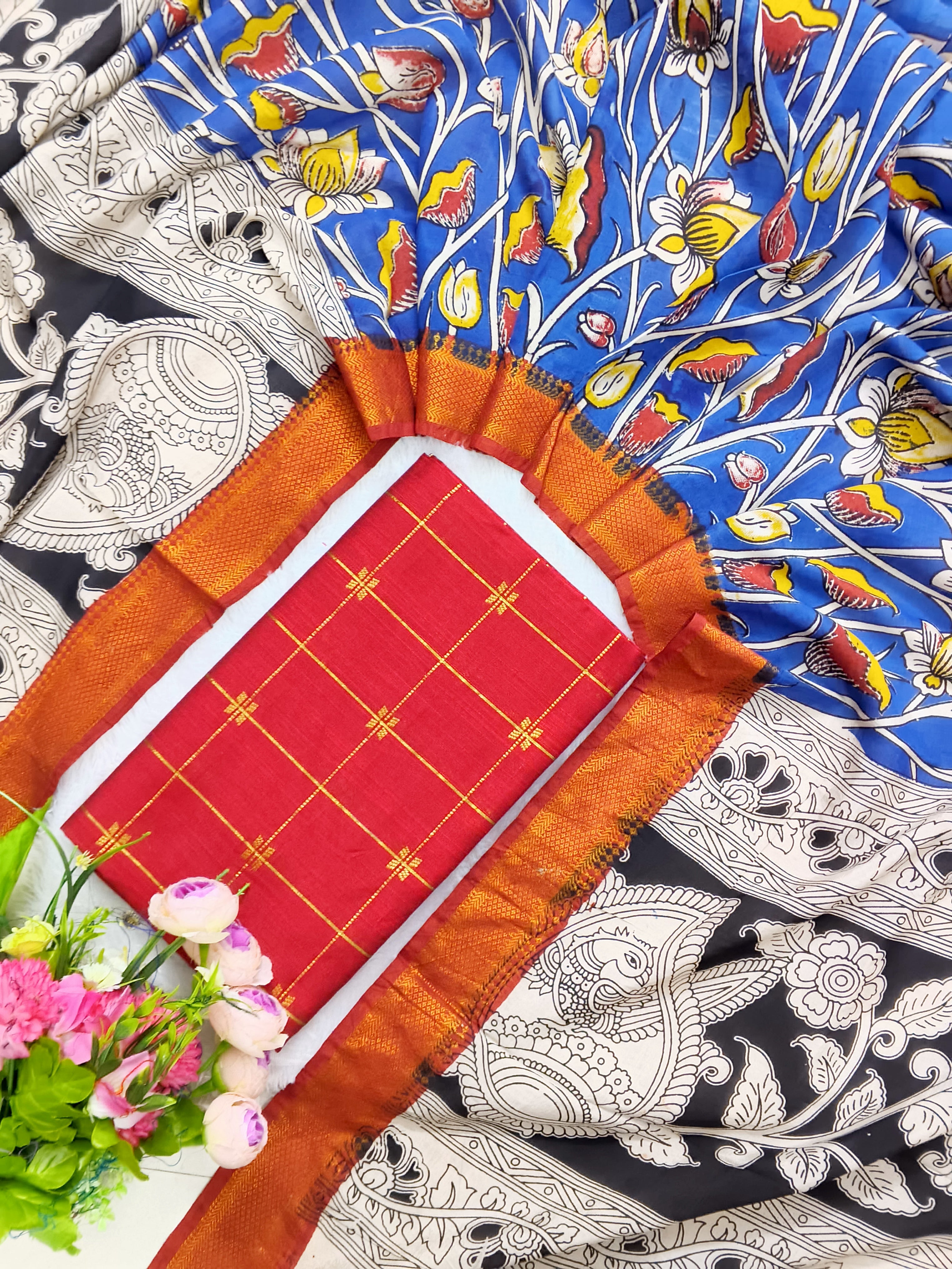 red raw silk top with chenuri silk duppata