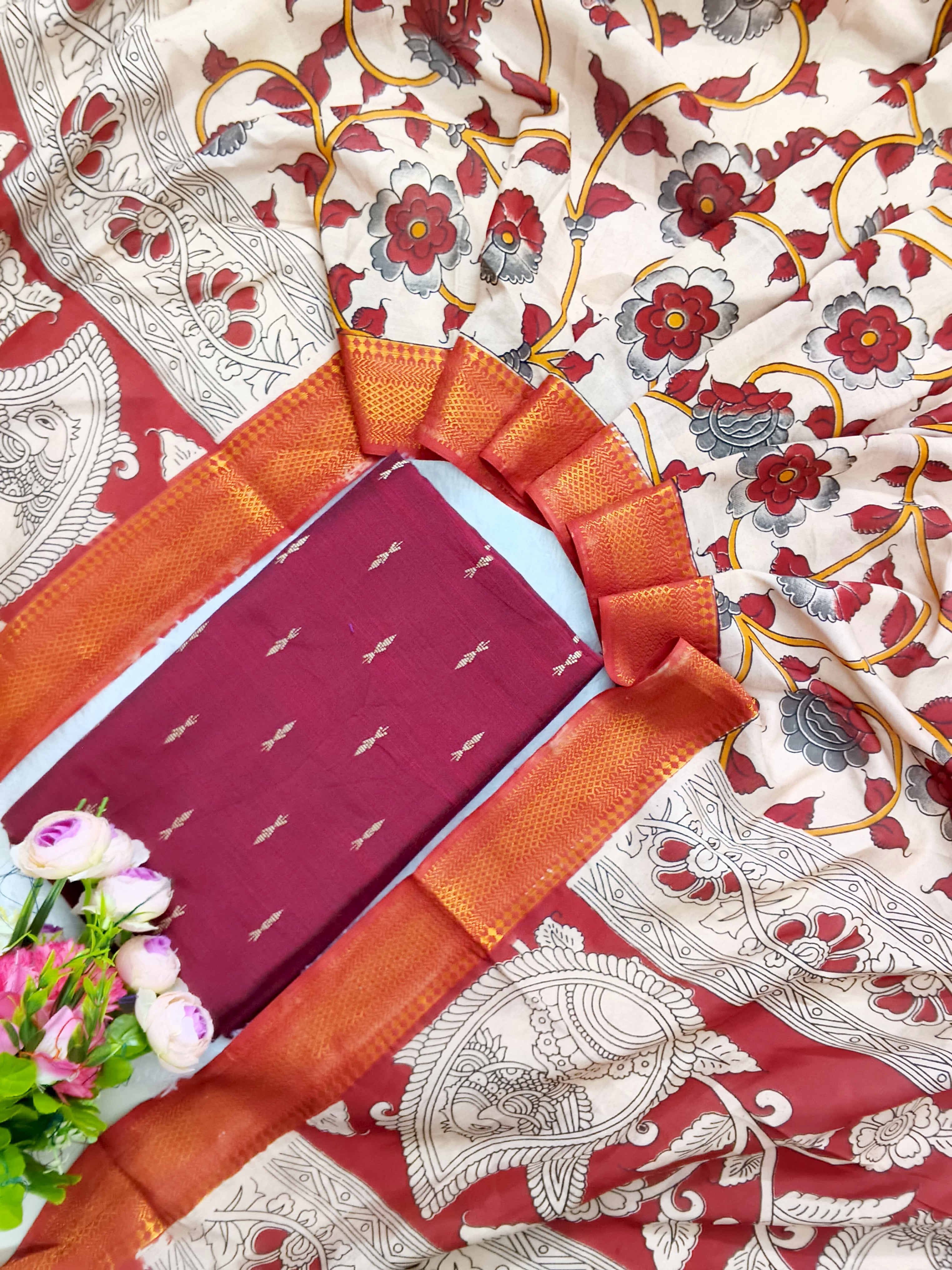 marron raw silk top with chennuri silk duppata 2 piece set