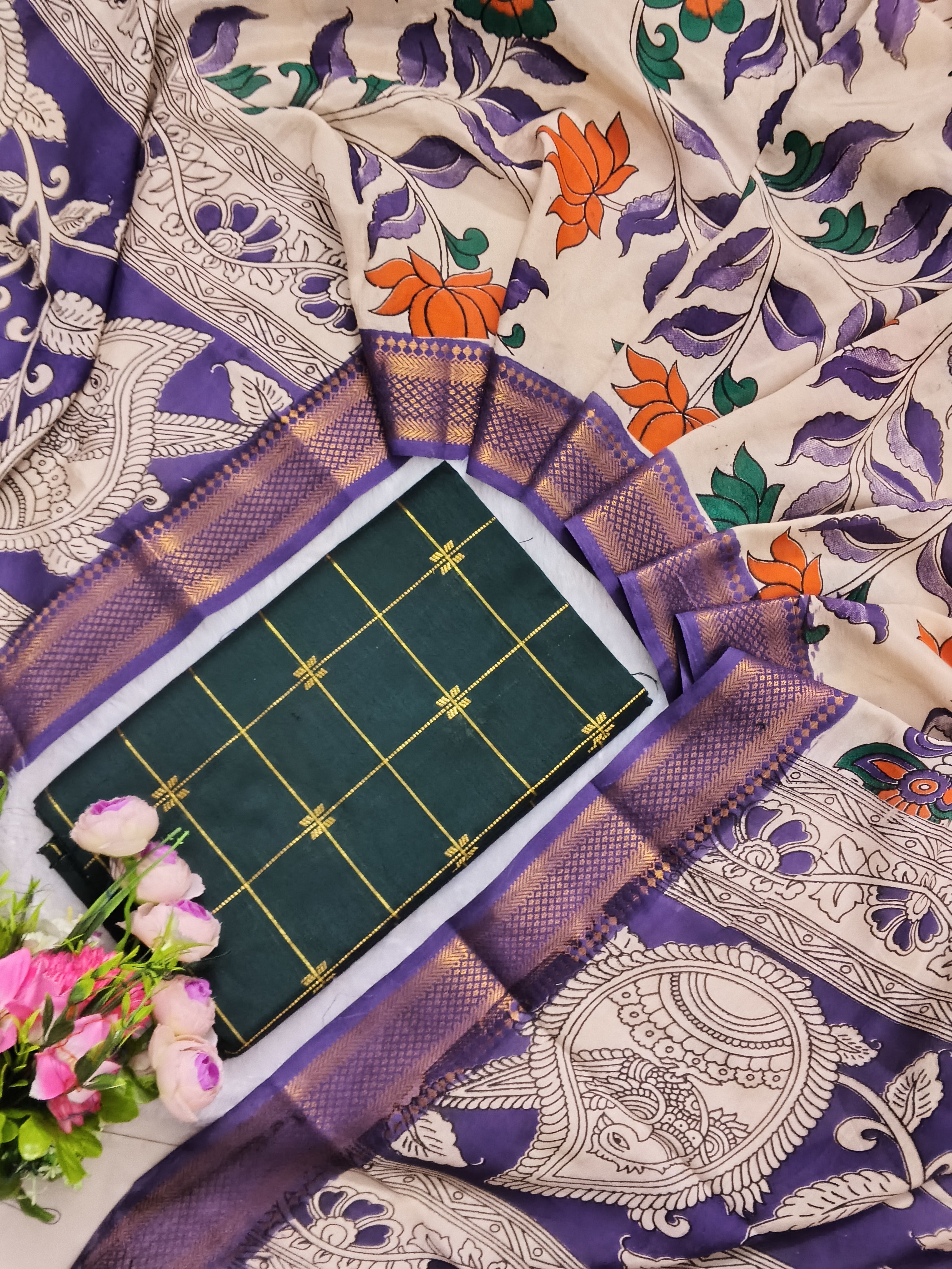 bottle green raw silk top with chennuri silk duppata 2 piece set