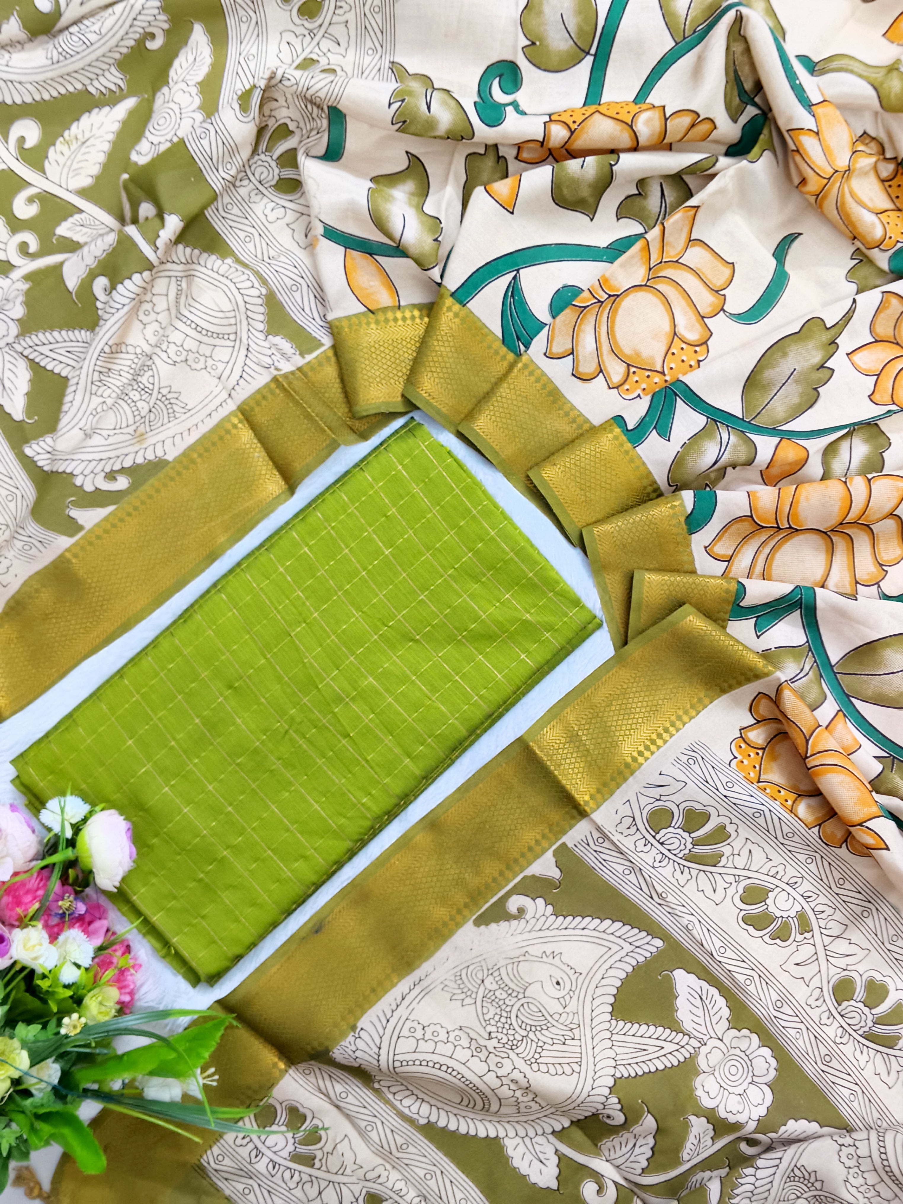 apple green raw silk top with chennuri silk duppata 2 piece set