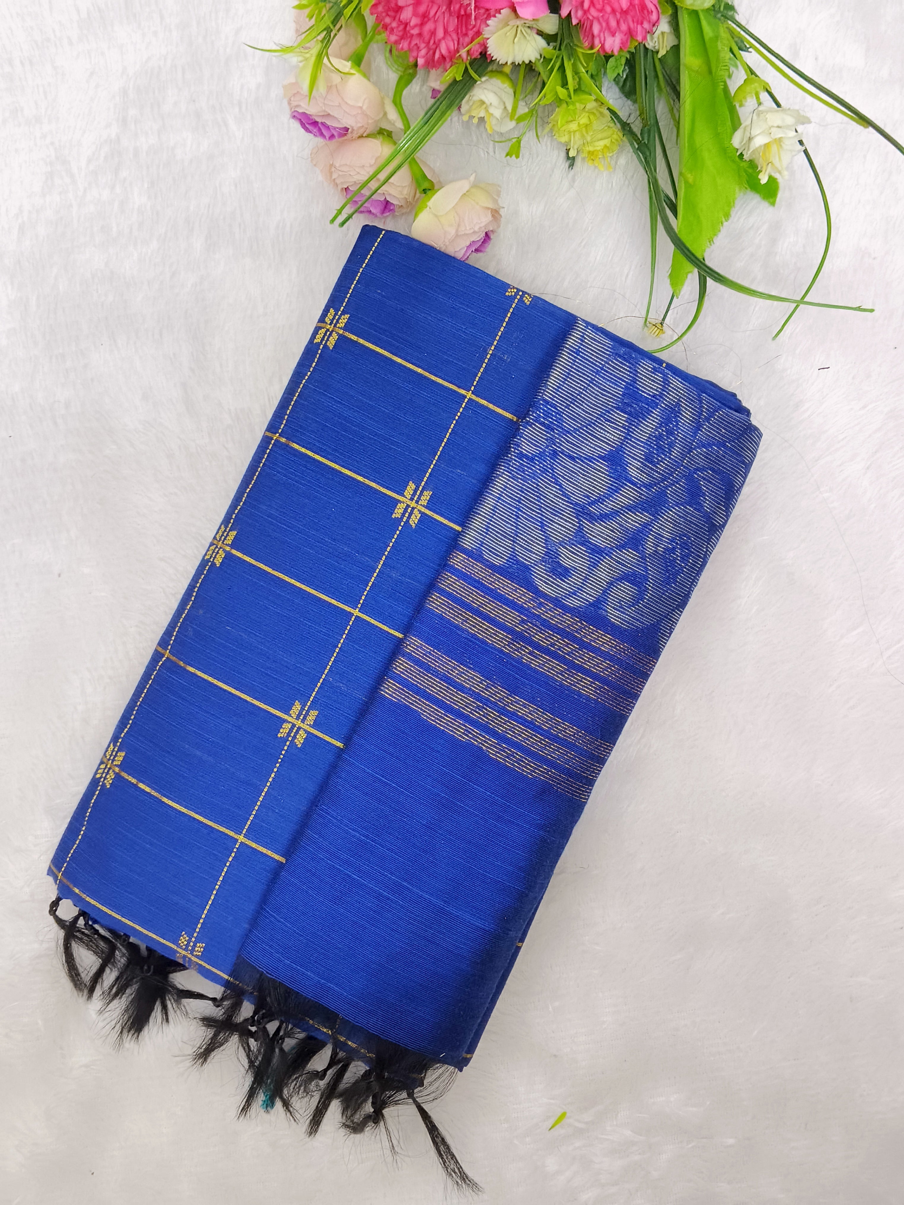 royal blue raw silk top with jamdhani duppata