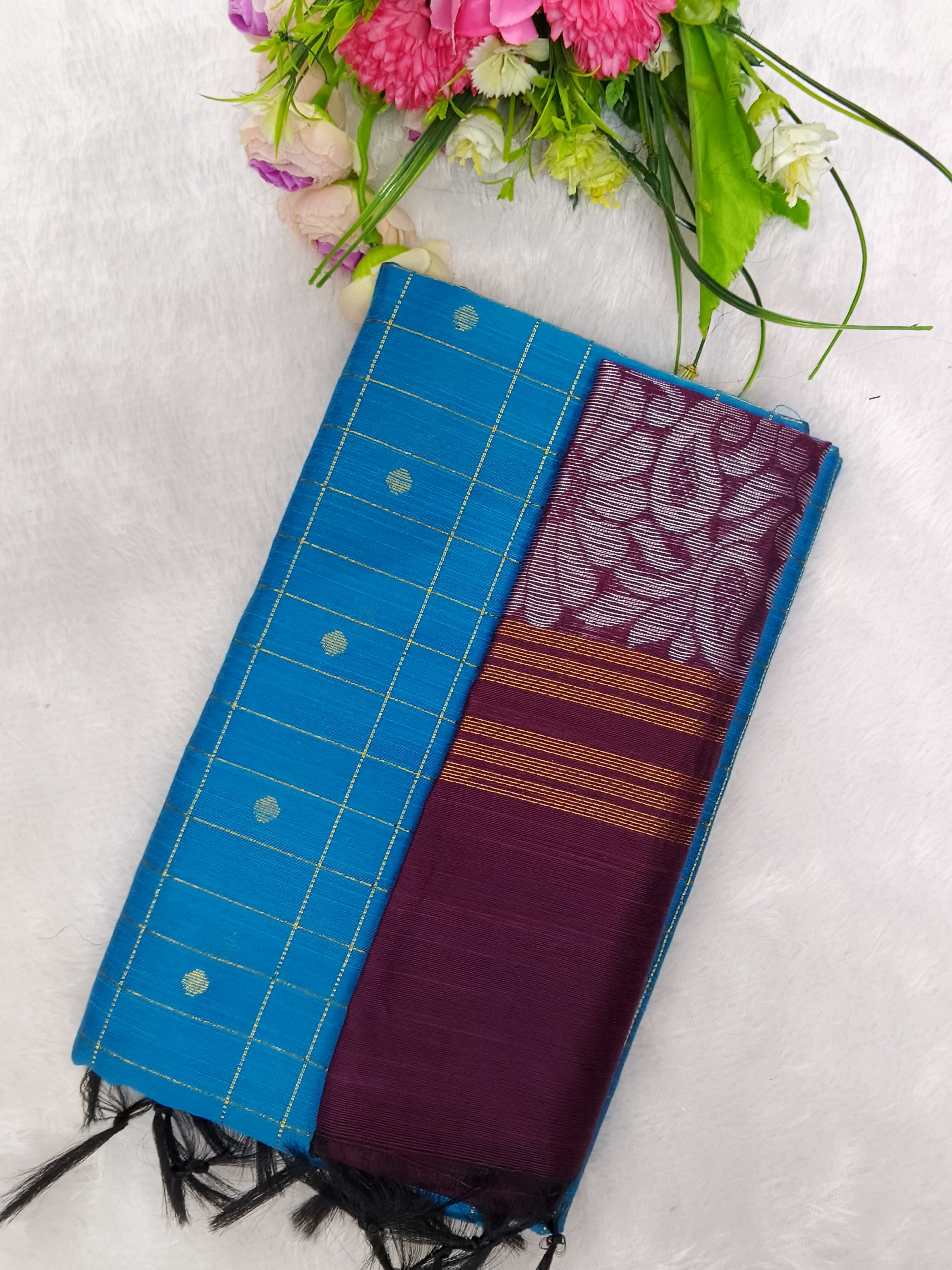 skyblue raw silk top with wine jamdhani duppata