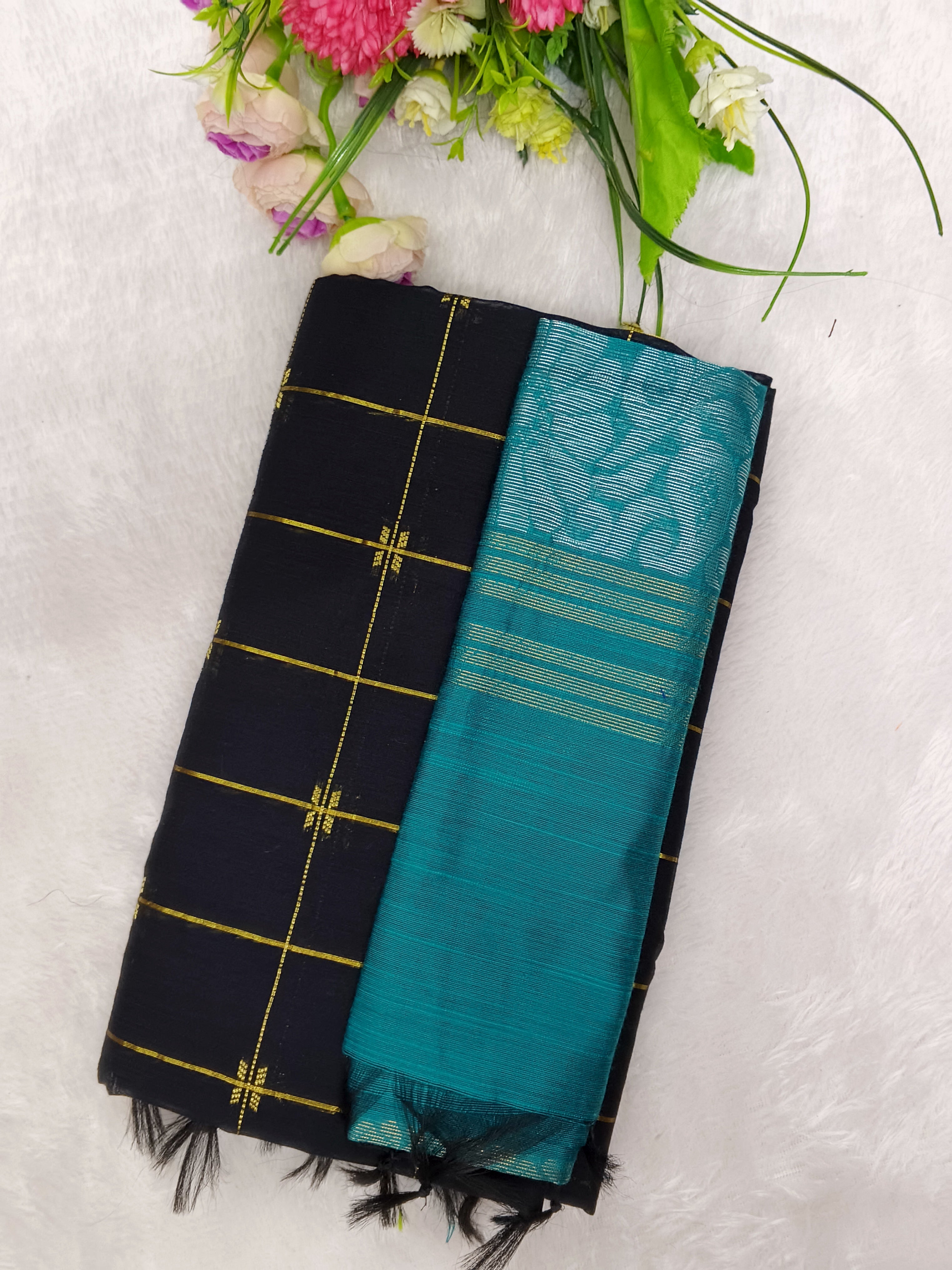 black raw silk top with teel blue jamdhani duppata