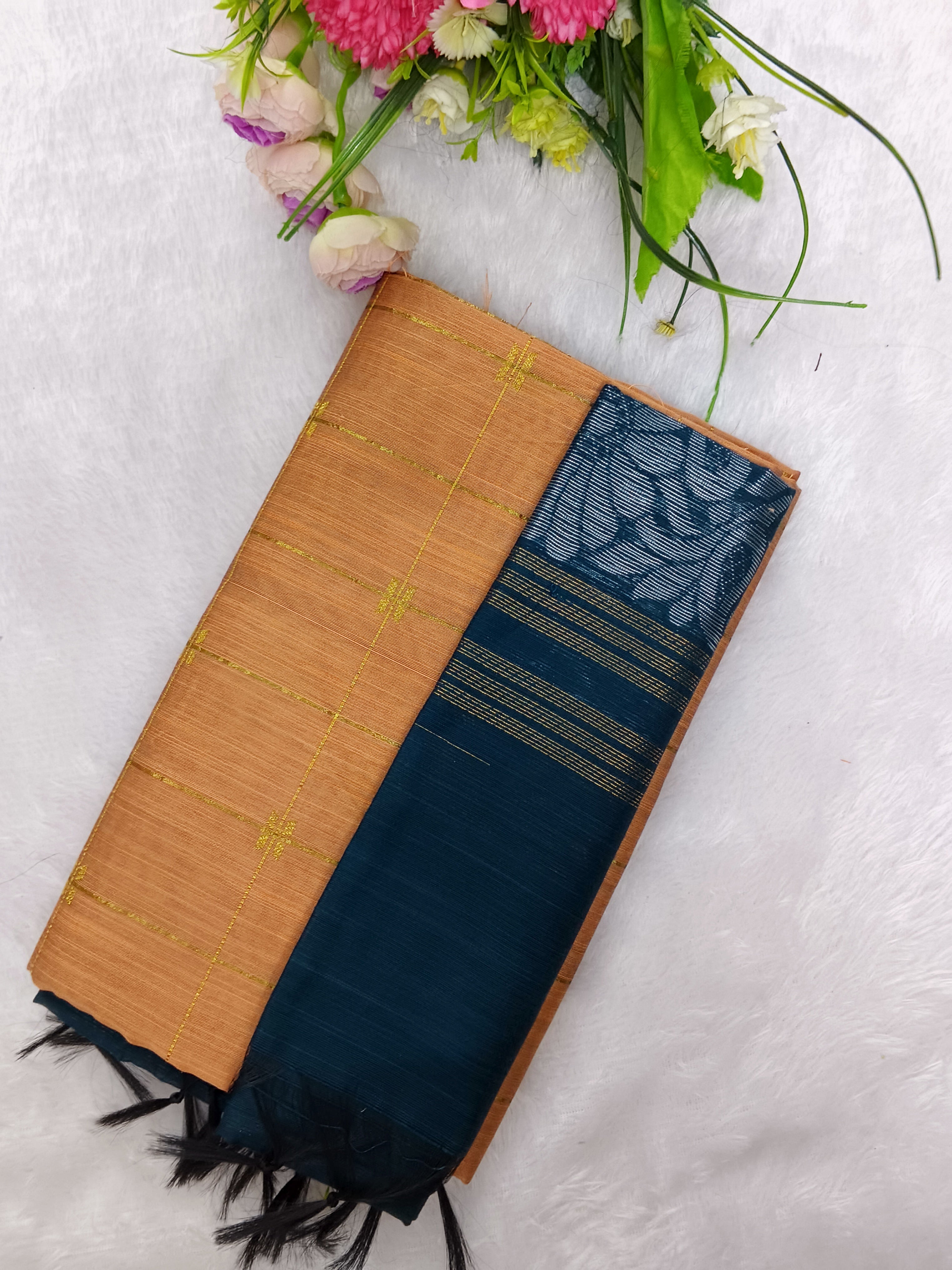 peech colour raw silk top with mayil green jamdhani duppata