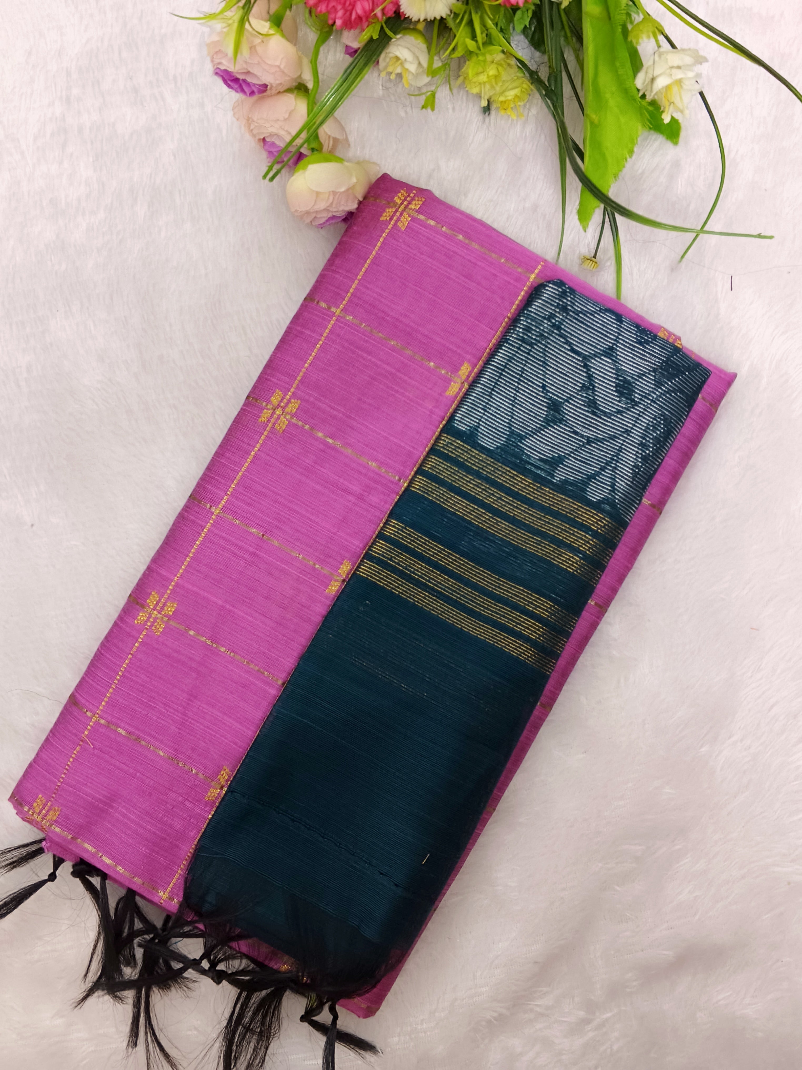 pink raw silk top with mayil green jamdhani duppata