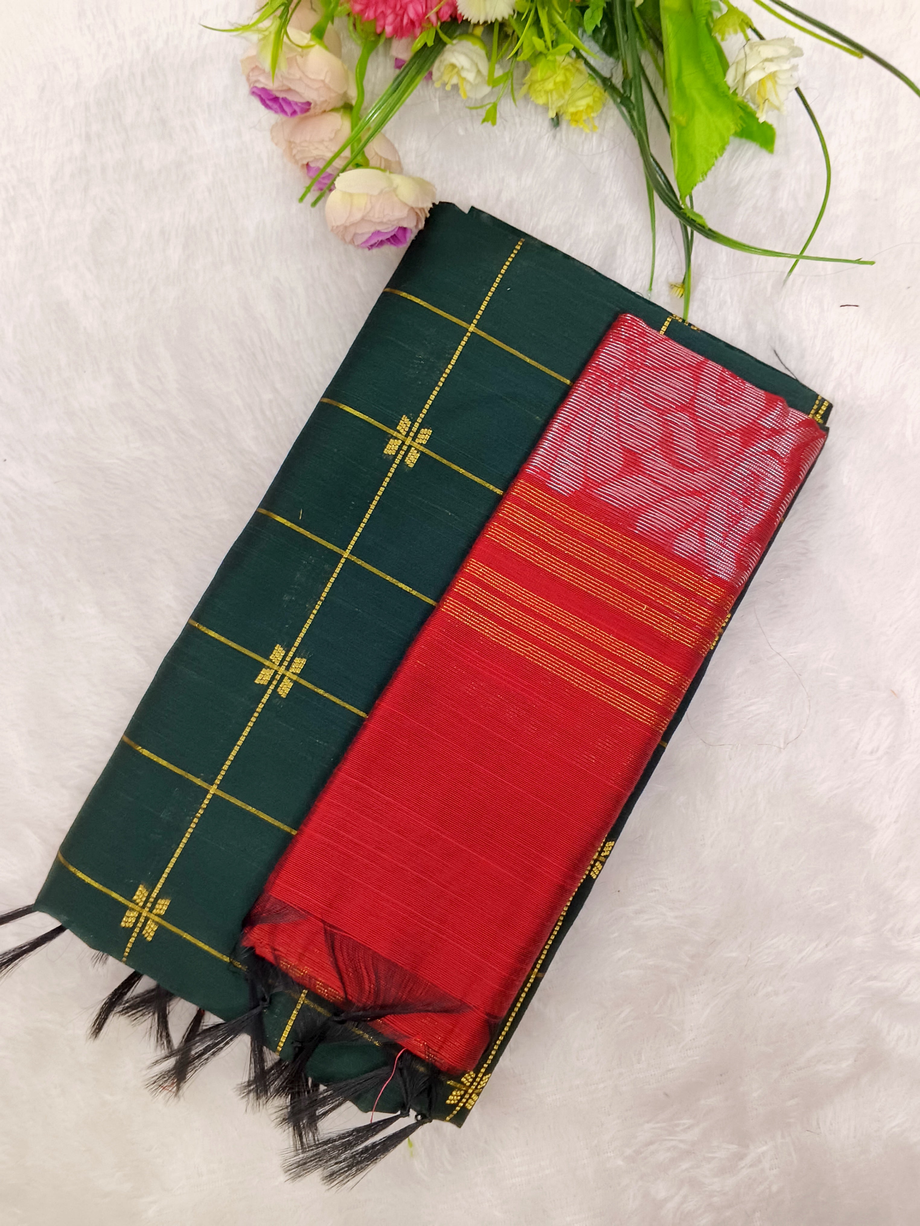 bottle green raw silk top with red jamdhani dupppata