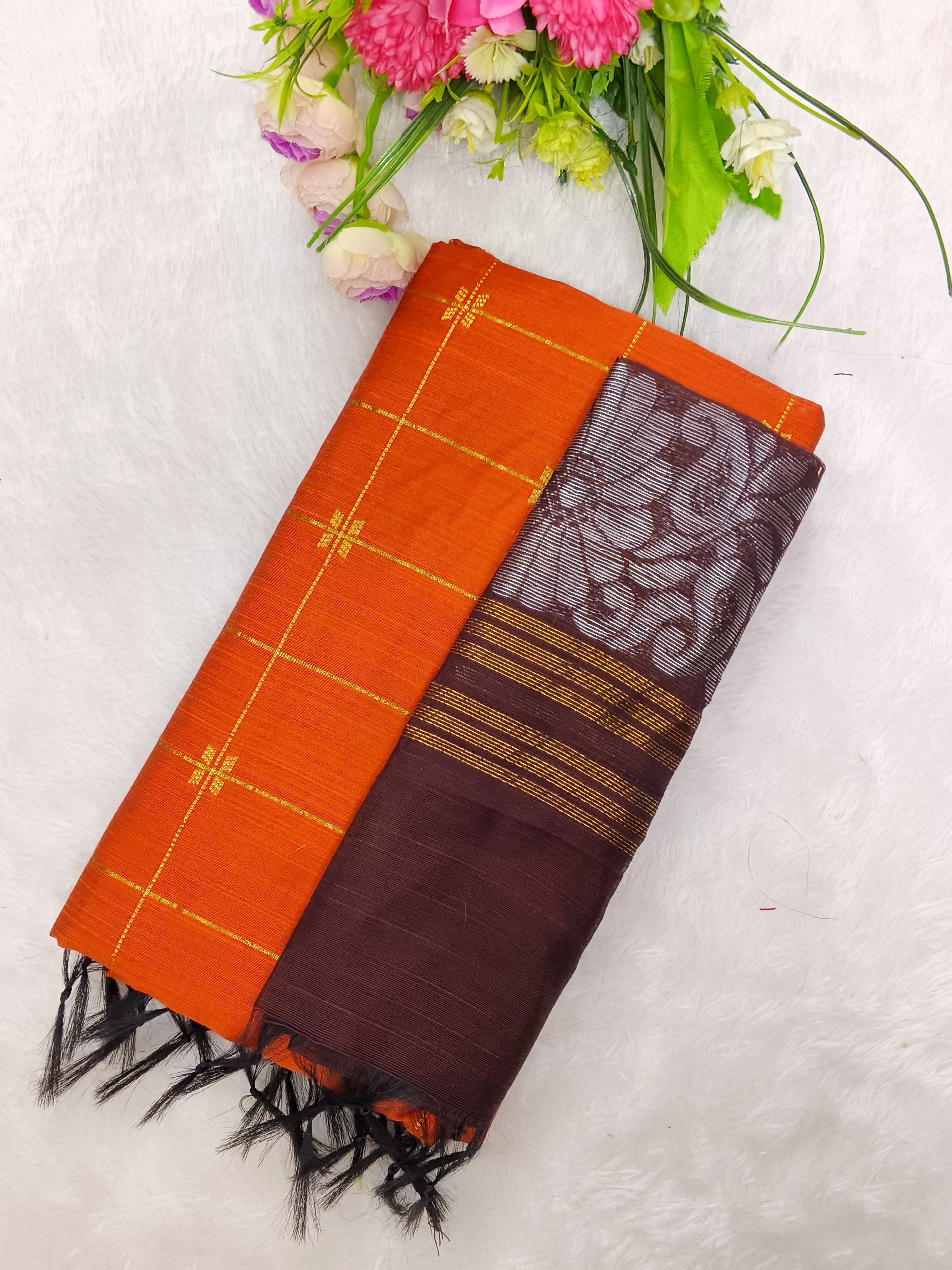 orange raw silk top with brown jamdhani dupppata