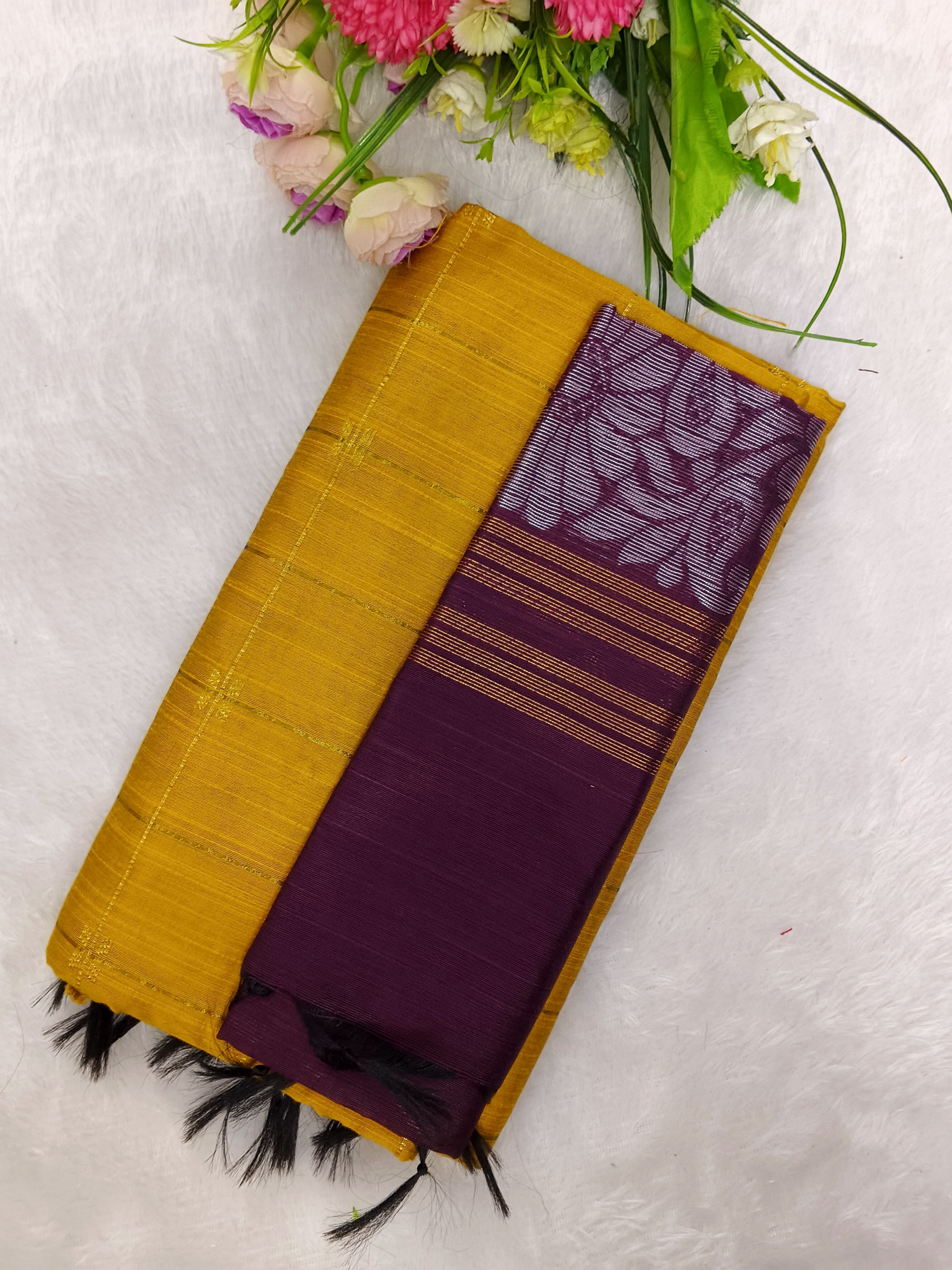 yellow raw silk top with wine jamdhani duppata 2 piece set
