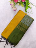 yellow raw silk top with olive green jamdhandi duppata