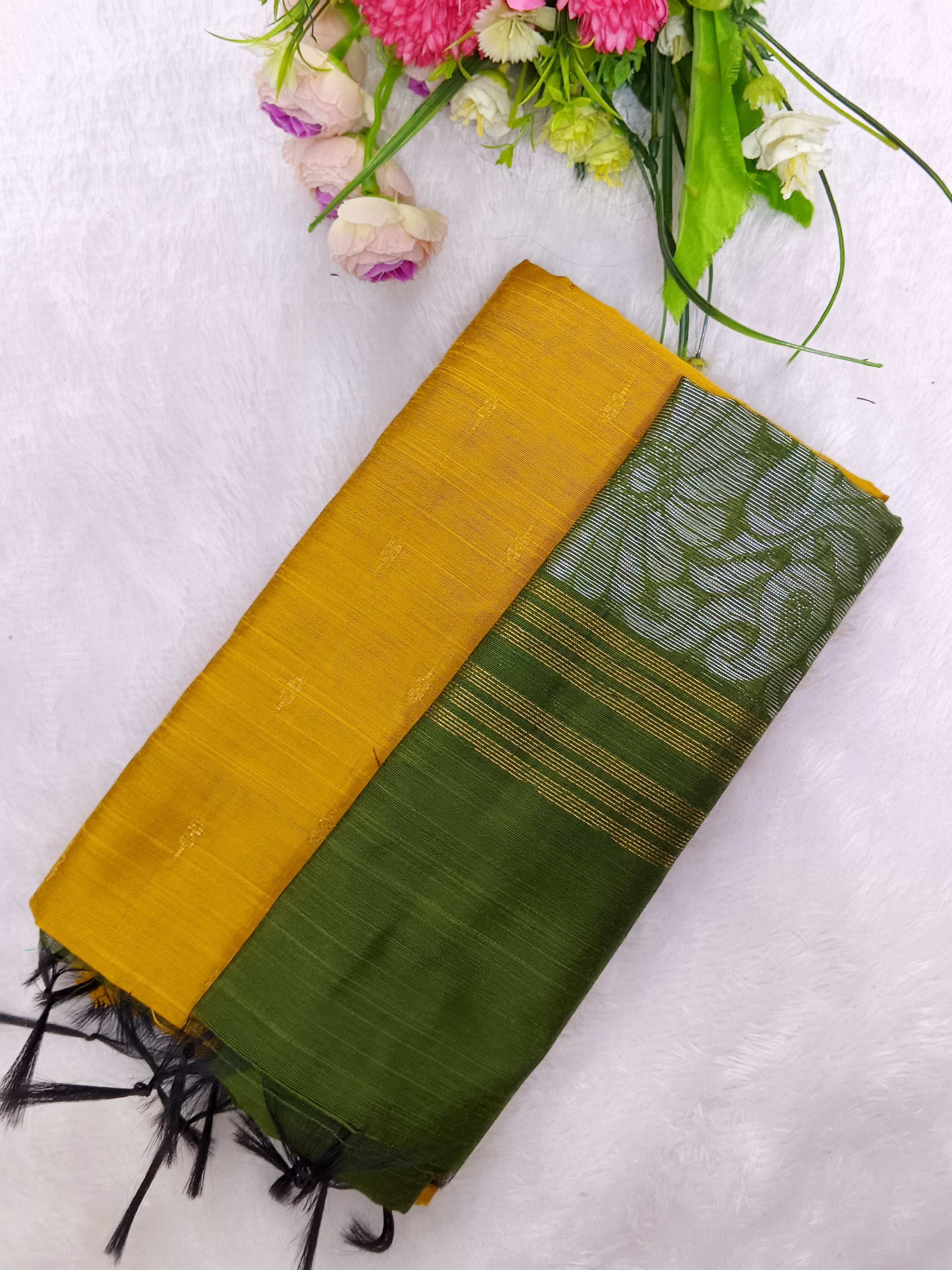 yellow raw silk top with olive green jamdhandi duppata