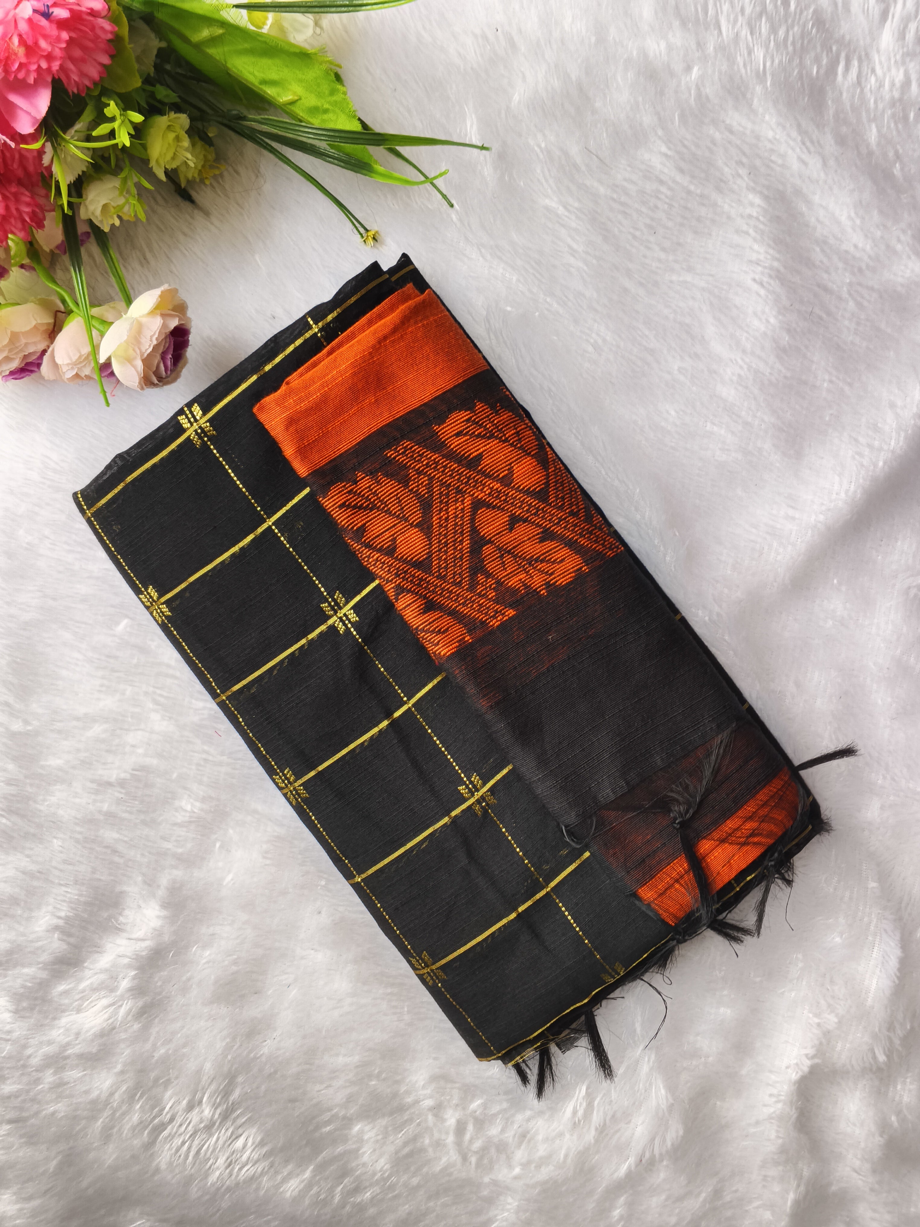 black with orange raw silk 3 piece set