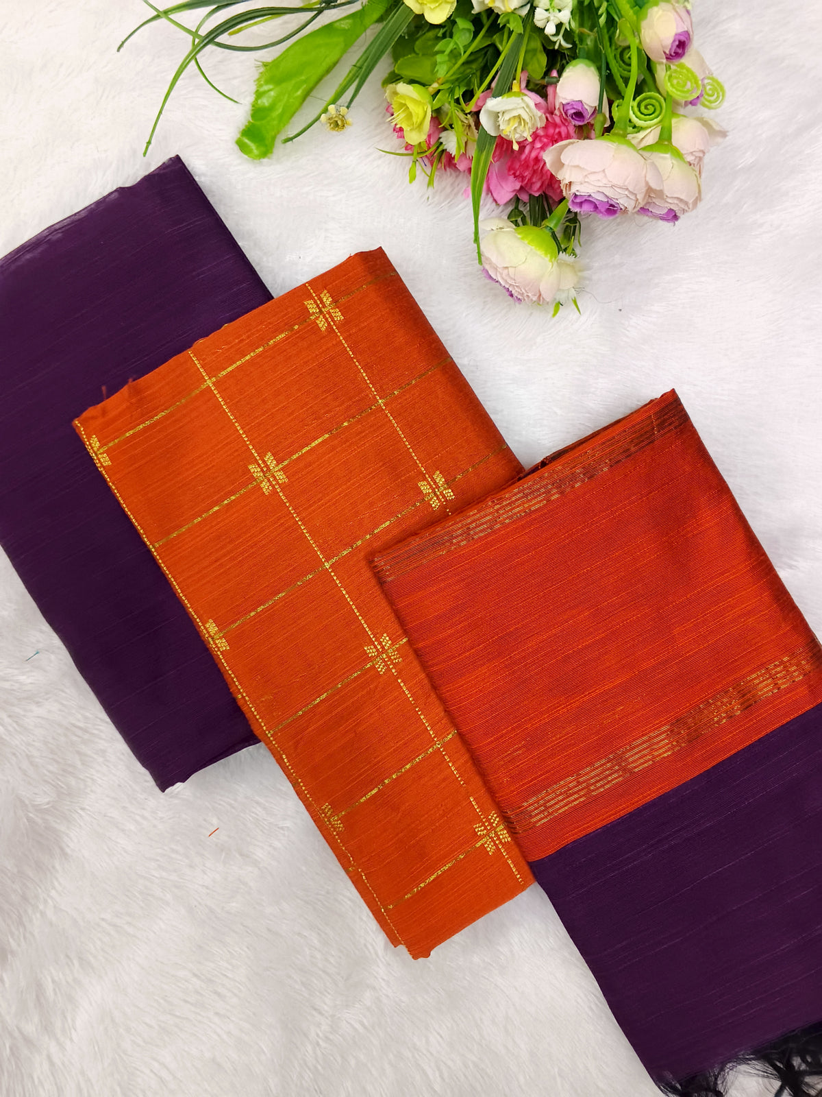 rust orange with brown raw silk 3 piece set