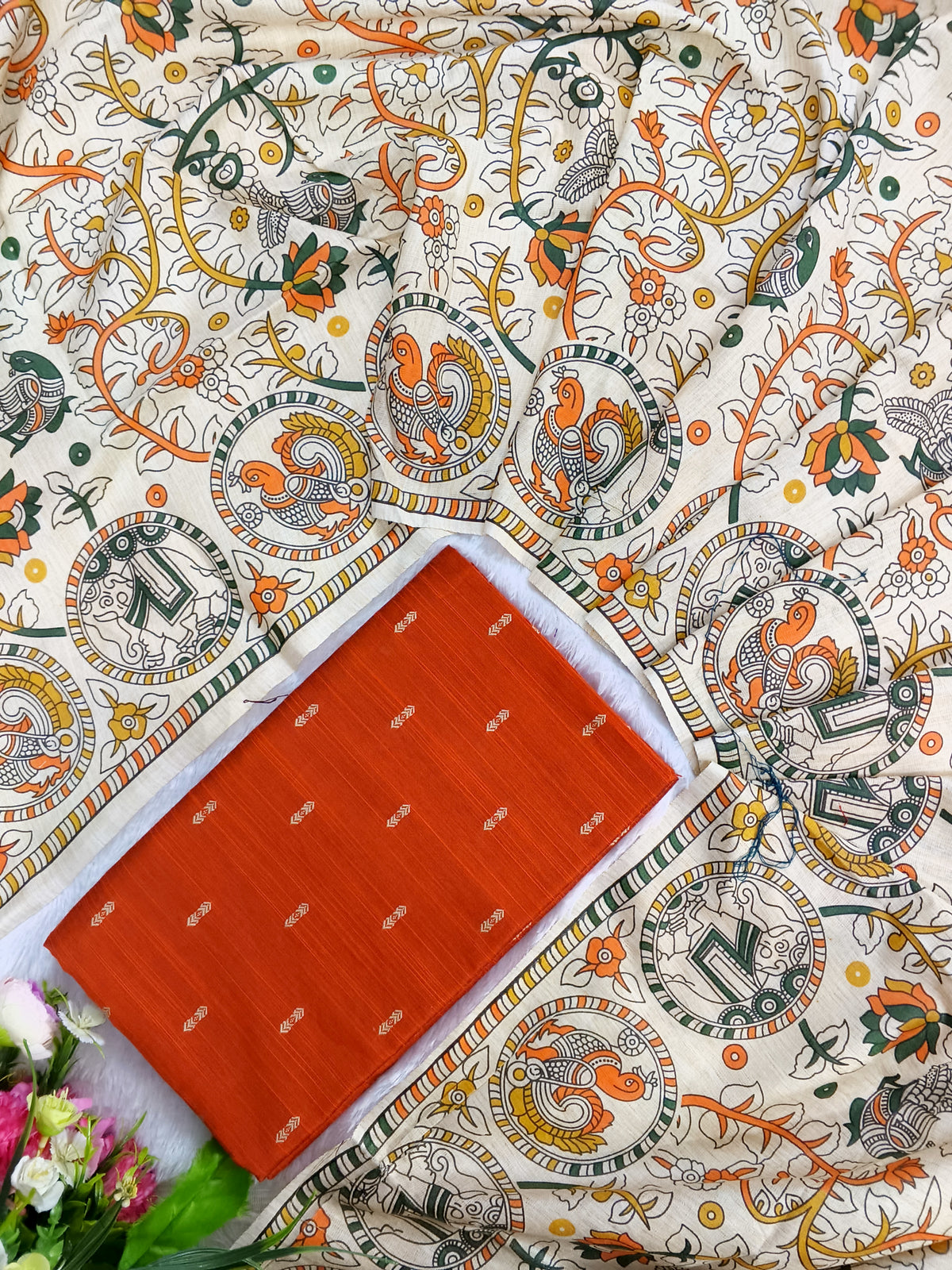 orange raw silk top with madhubani duppata 3 piece set