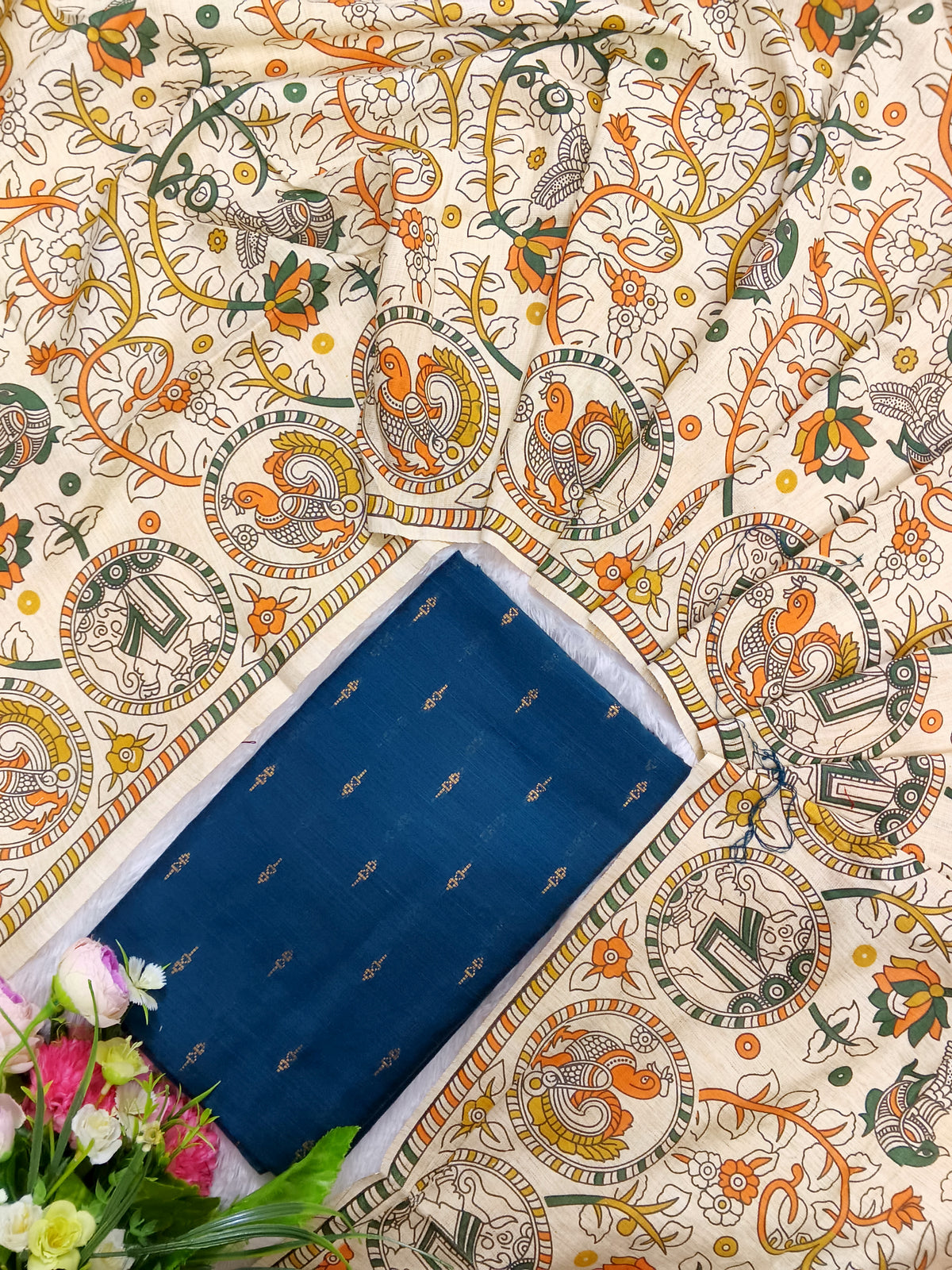 mayil colour raw silk top with madhubani duppata 3 piece set