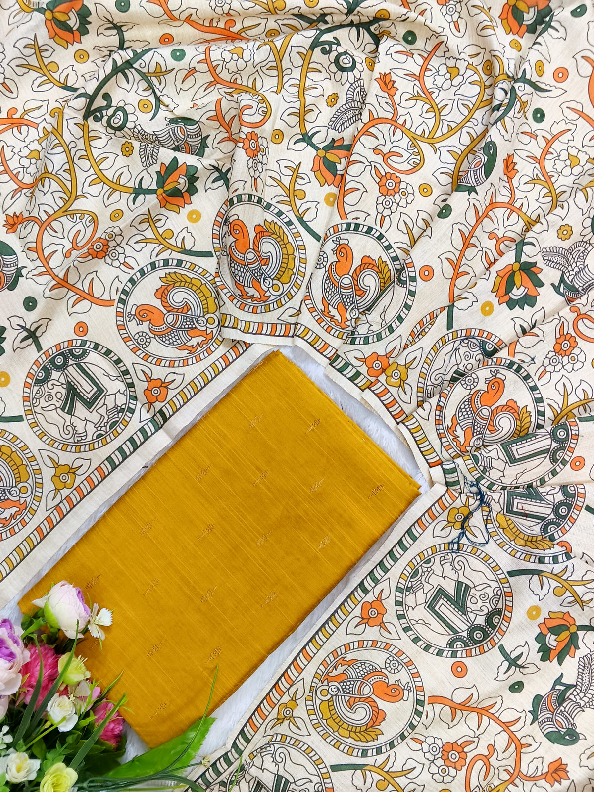 yellow raw silk top with madhubani duppata and bottom 3 piece set