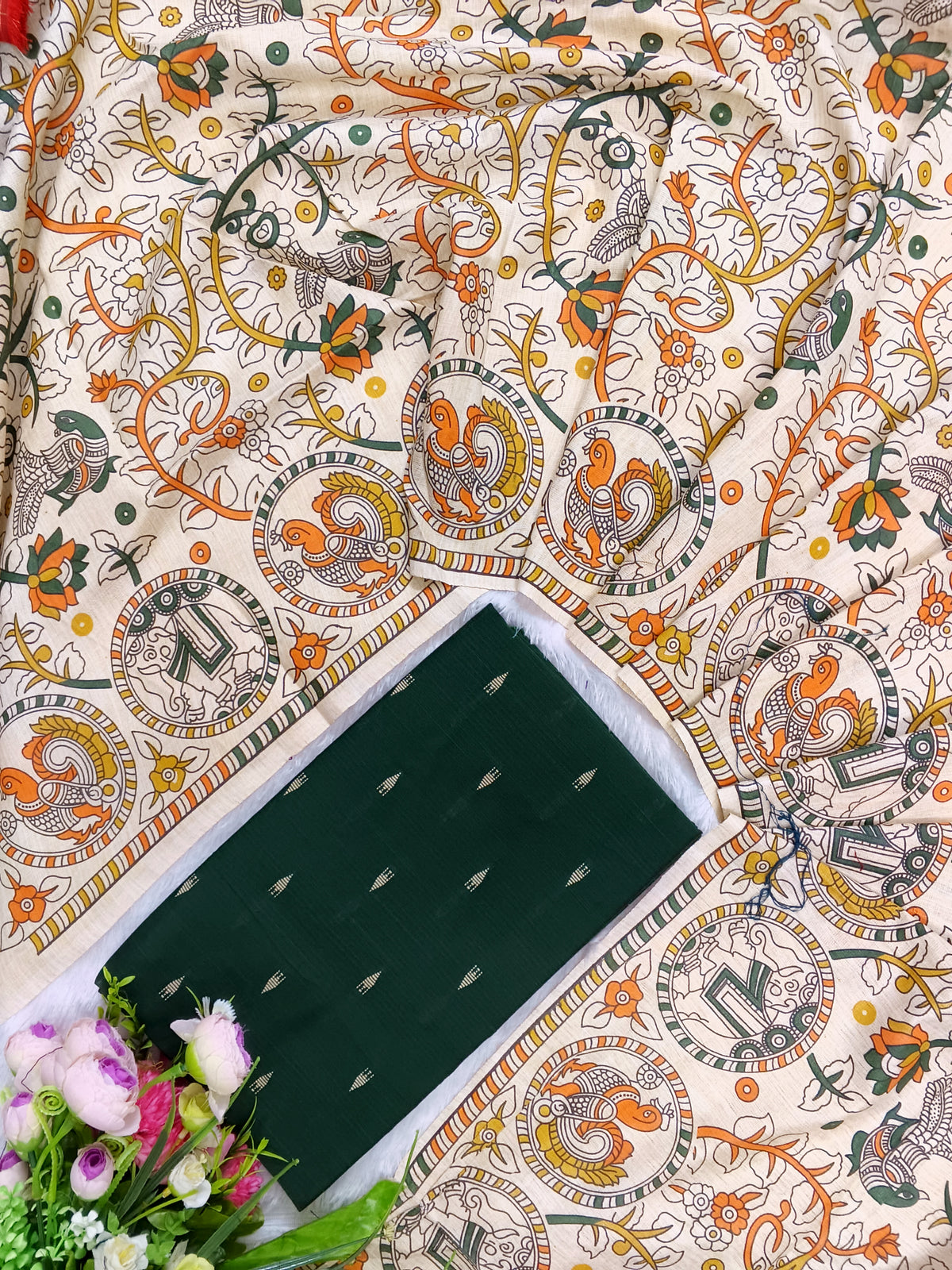 bottle green raw silk top madhubani duppata and bottom 3 piece set