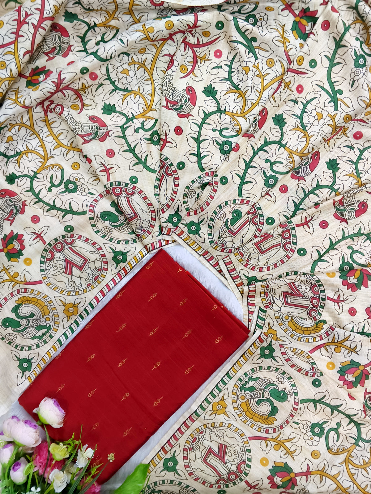 red raw silk top with madhubani duppata and bottom 3 piece set