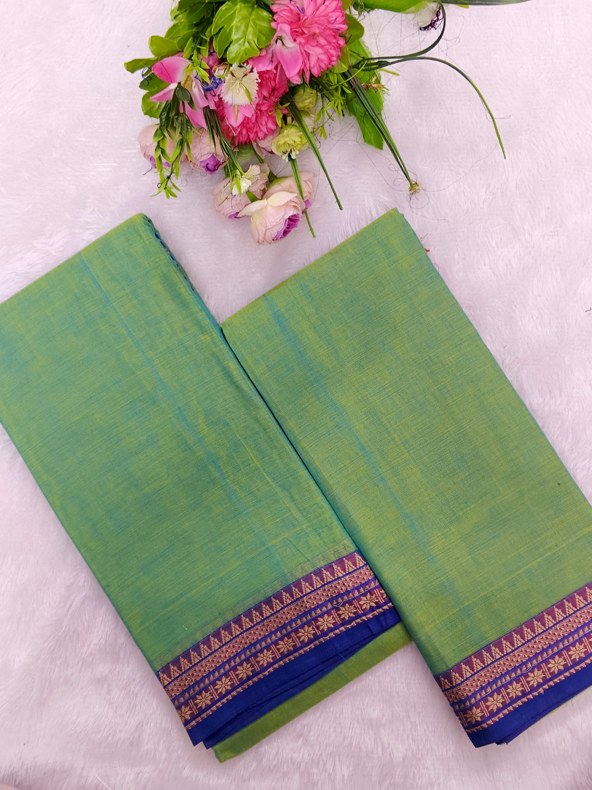 pista green  violet colour narayanapet top and duppata 2 piece set