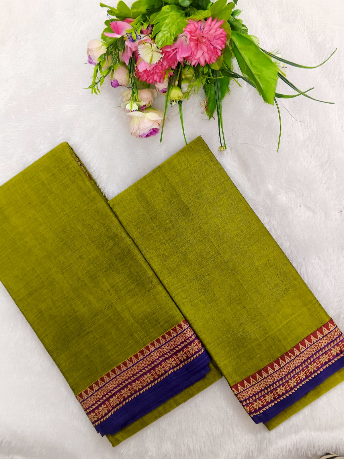 mehandi green with violet narayanapet top and duppata 2 piece set