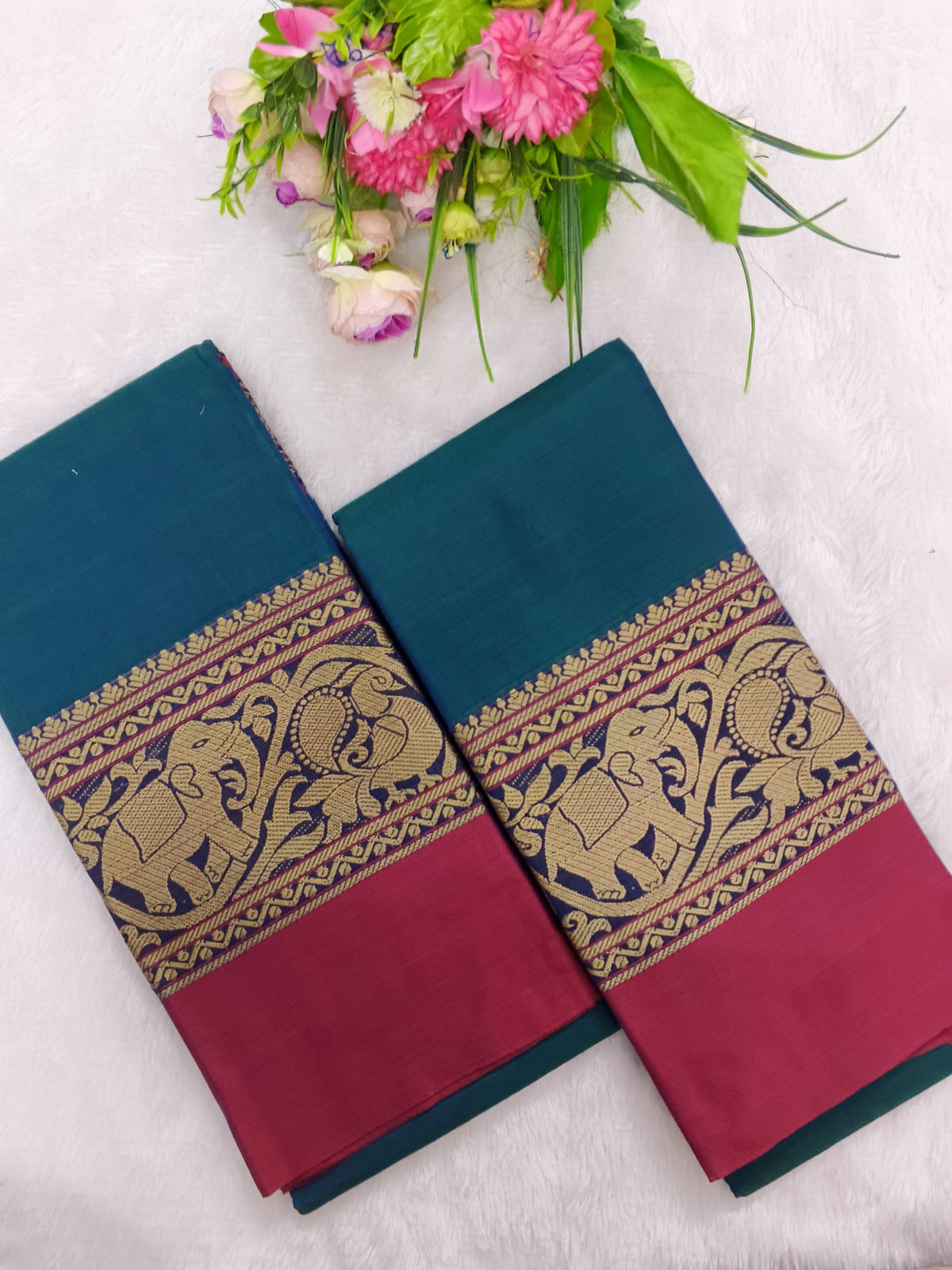 peocock blue with red narayanapet top and duppata 2 piece set