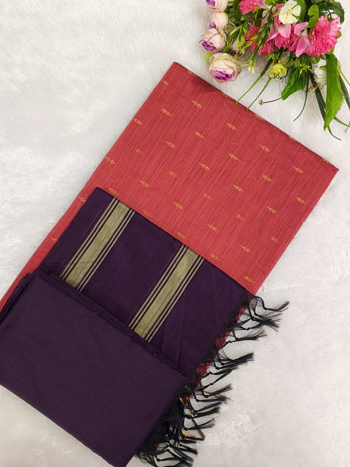 peech raw silk top with wine duppata and bottom raw silk 3 piece set