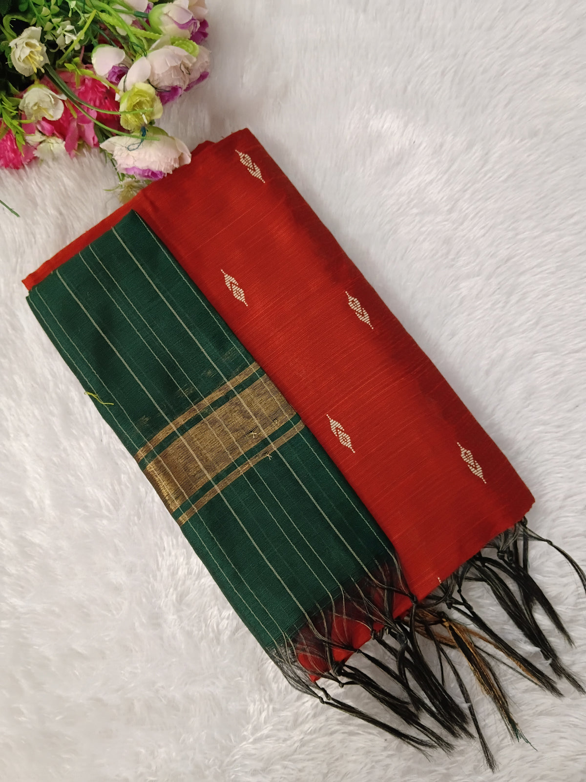 red with bottle green raw silk 3 piece set