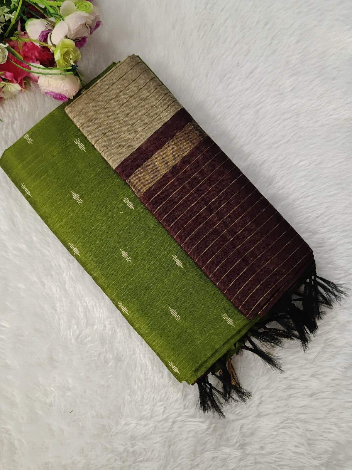 apple green with brown raw silk 3 piece set