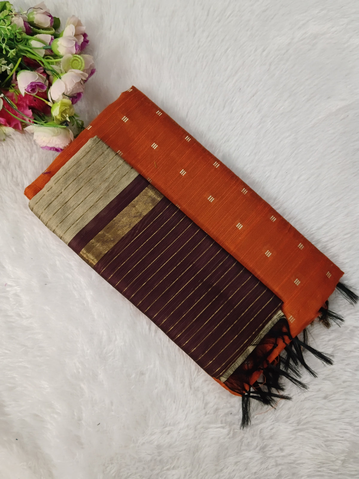 orange with wine raw silk 3 piece set