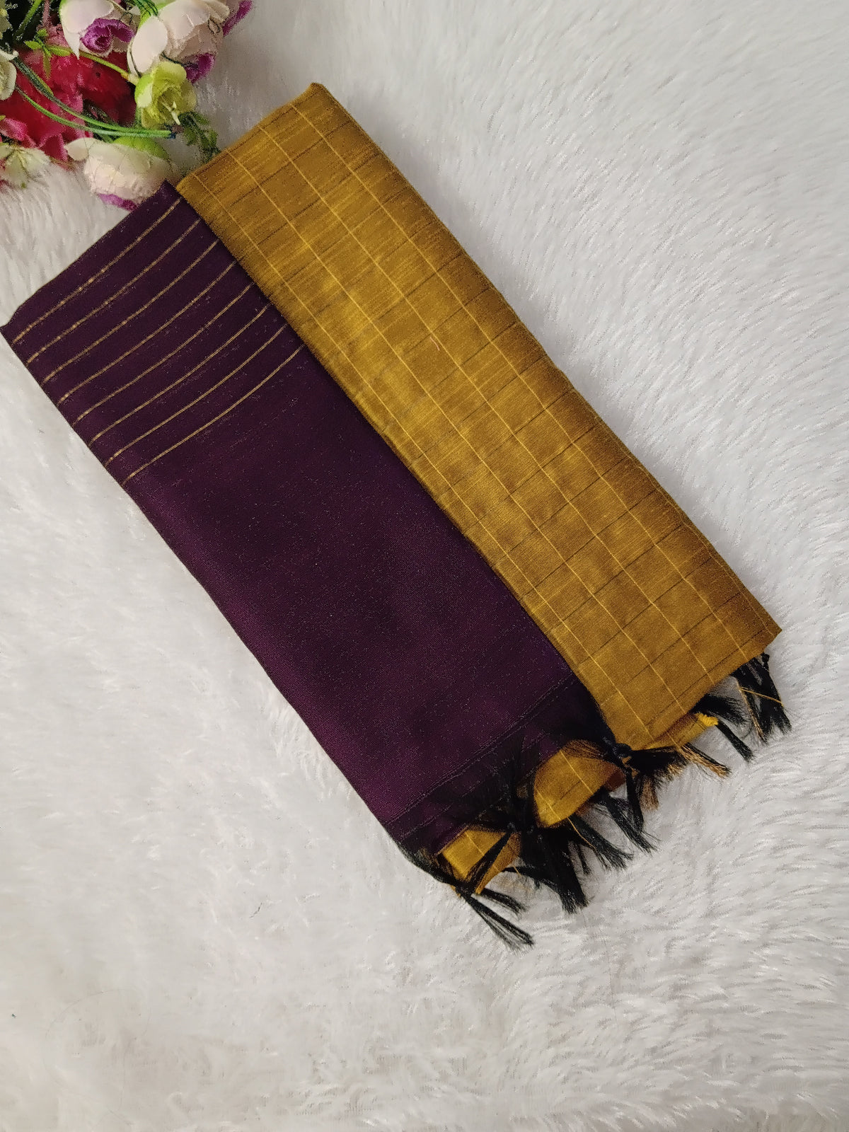 yellow with wine raw silk 3 piece set