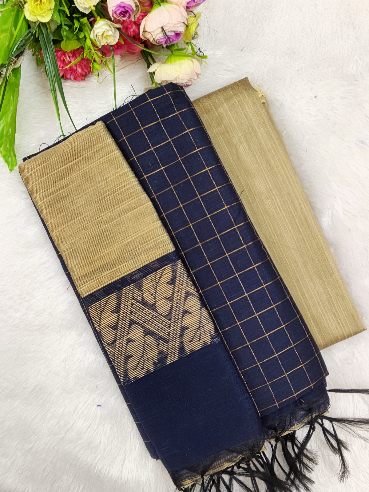 navy blue raw silk 3 piece set