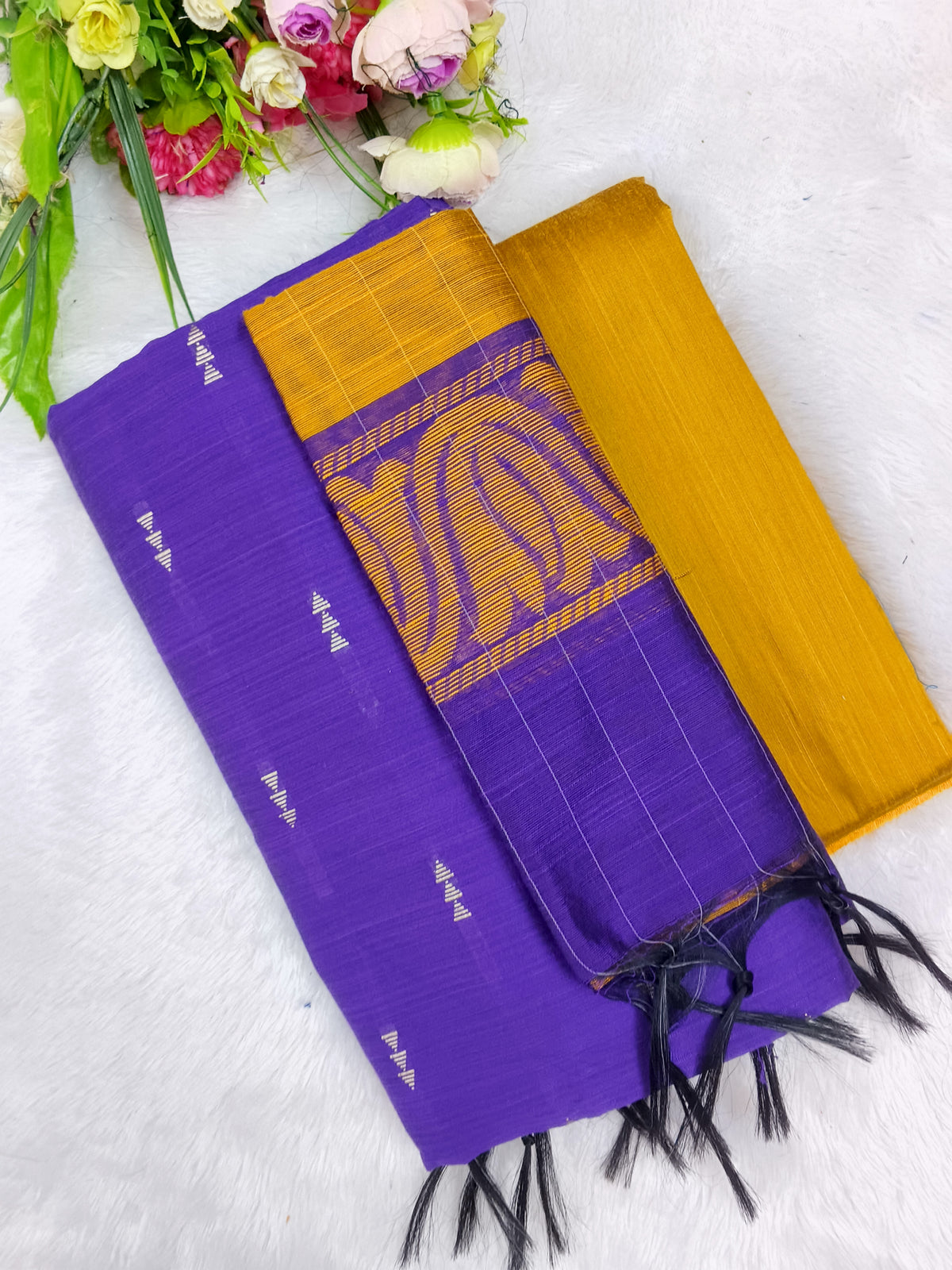 violet with mustard yellow raw silk 3 piece set