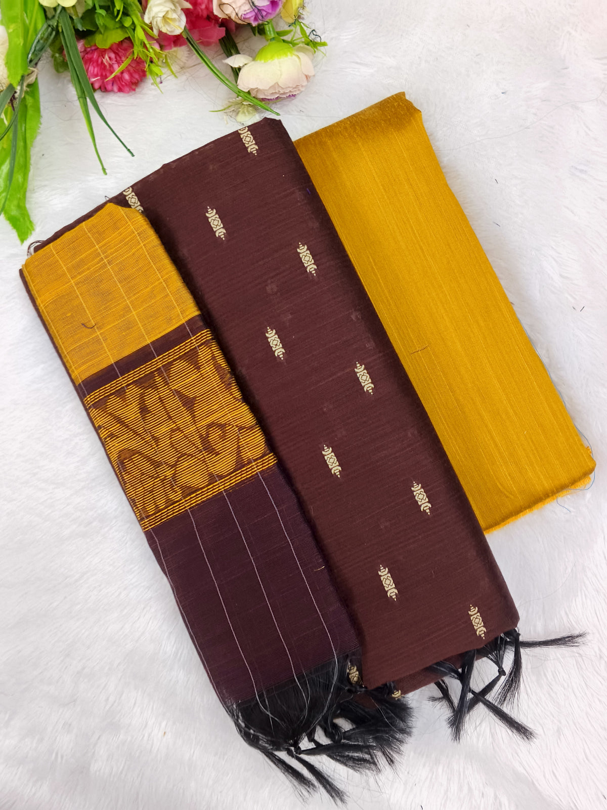 brown with yellow raw silk 3 piece set