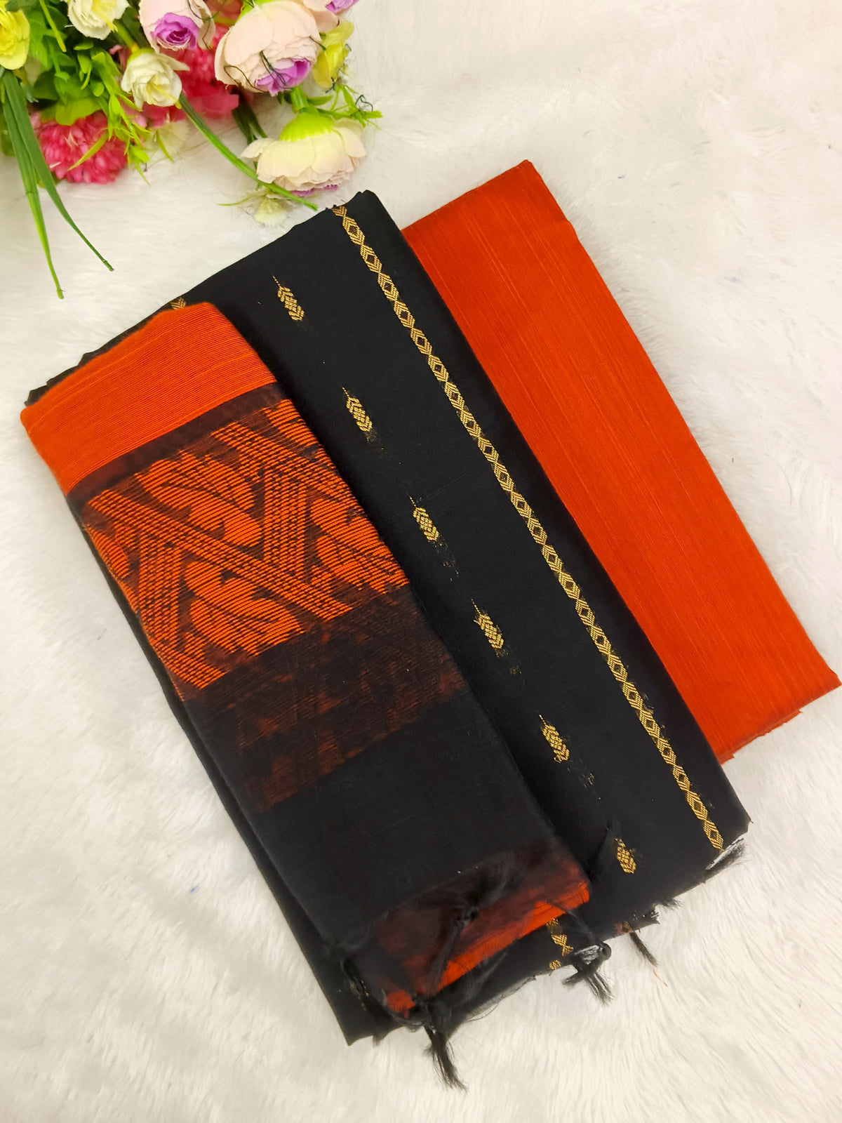 black with orange raw silk 3 piece set